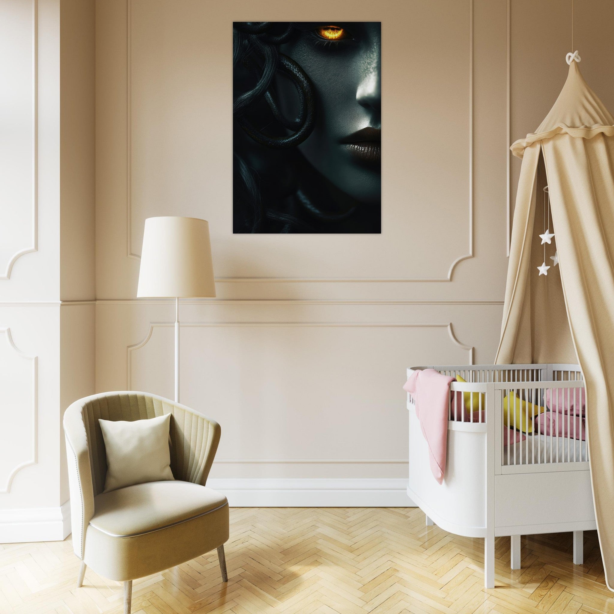 Aluminum Print Portrait - Minimalist Medusas Gaze Minimalism Tight - Focus - Shop Ai Art WebShop - Digital Art online Store