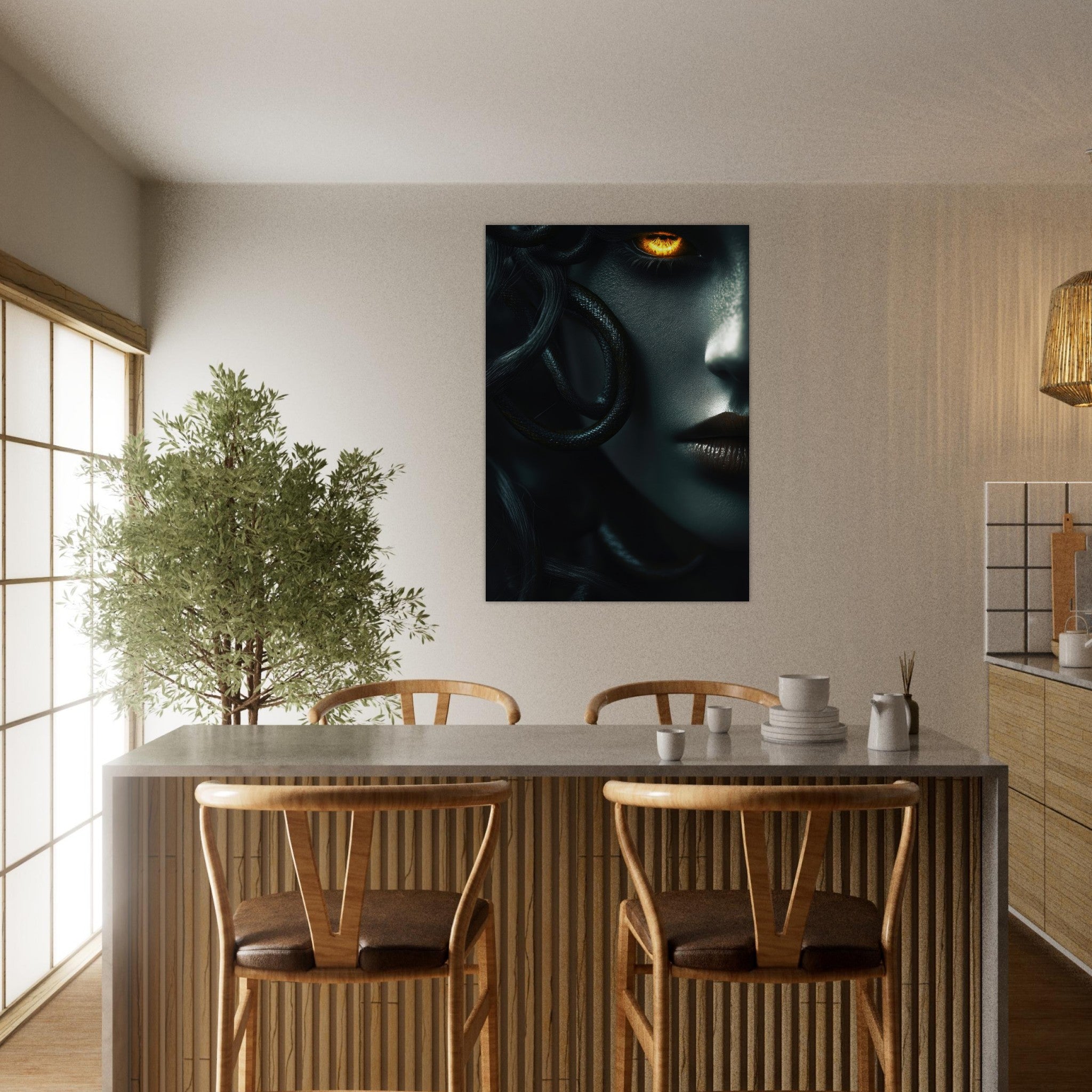 Aluminum Print Portrait - Minimalist Medusas Gaze Minimalism Tight - Focus - Shop Ai Art WebShop - Digital Art online Store