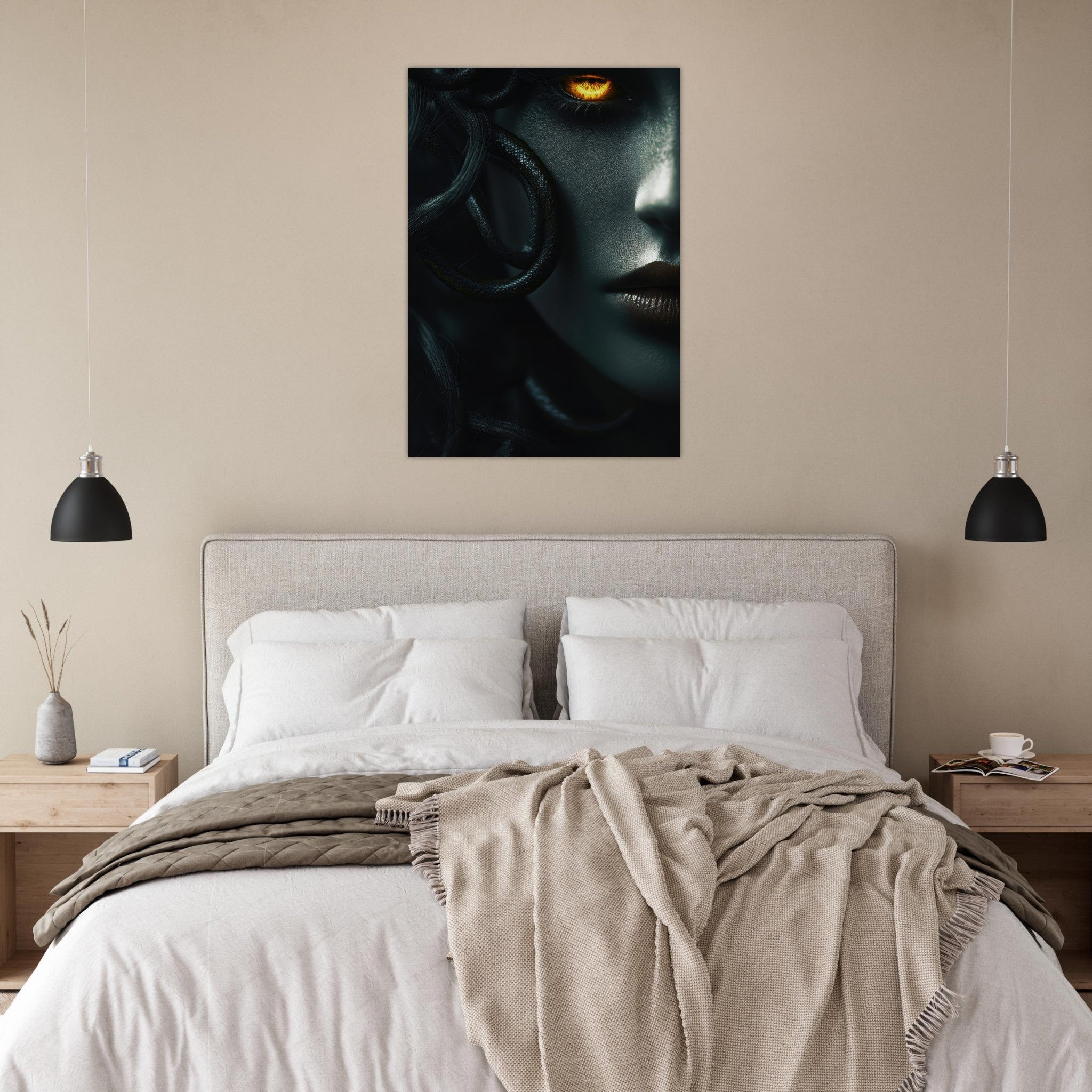 Aluminum Print Portrait - Minimalist Medusas Gaze Minimalism Tight - Focus - Shop Ai Art WebShop - Digital Art online Store