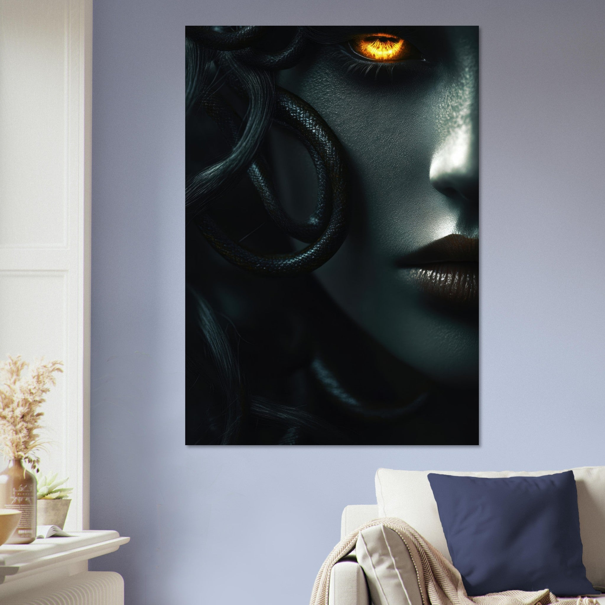 Aluminum Print Portrait - Minimalist Medusas Gaze Minimalism Tight - Focus - Shop Ai Art WebShop - Digital Art online Store