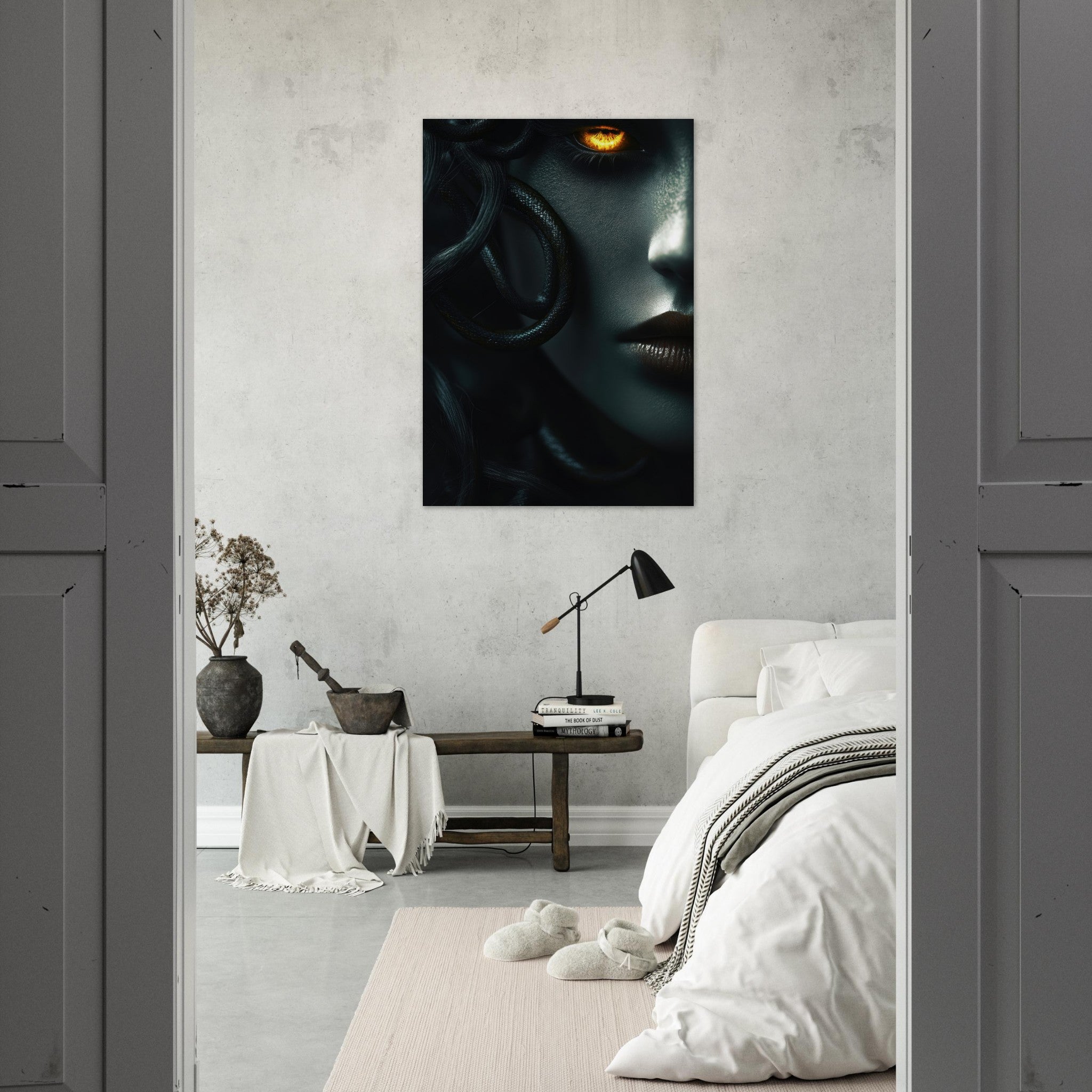 Aluminum Print Portrait - Minimalist Medusas Gaze Minimalism Tight - Focus - Shop Ai Art WebShop - Digital Art online Store
