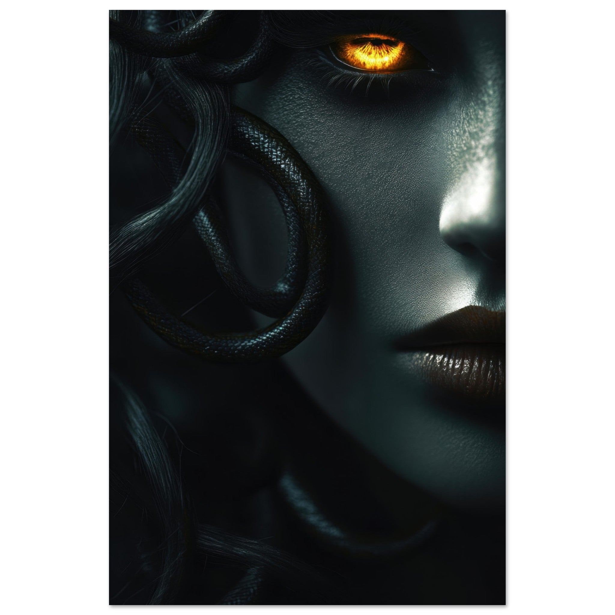 Aluminum Print Portrait - Minimalist Medusas Gaze Minimalism Tight - Focus - Shop Ai Art WebShop - Digital Art online Store