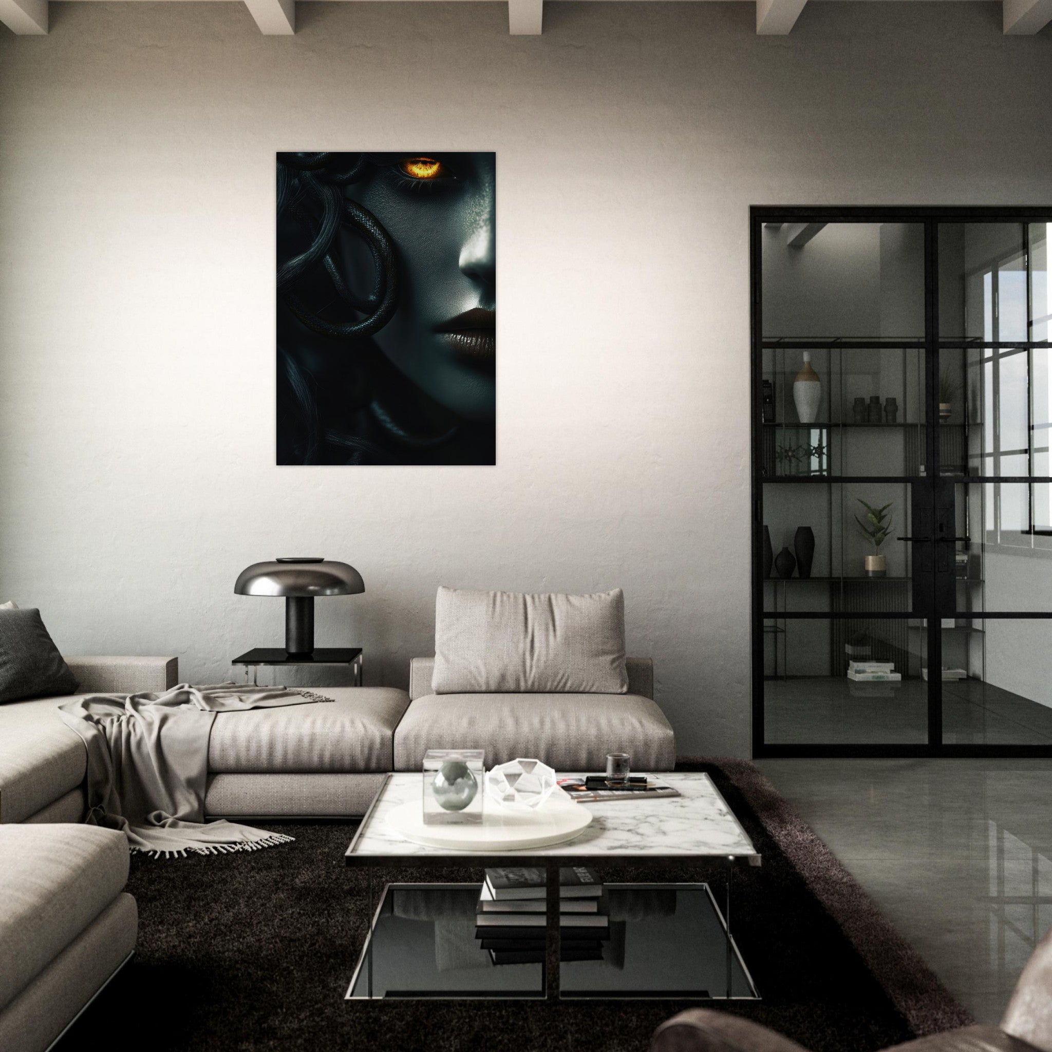 Aluminum Print Portrait - Minimalist Medusas Gaze Minimalism Tight - Focus - Shop Ai Art WebShop - Digital Art online Store