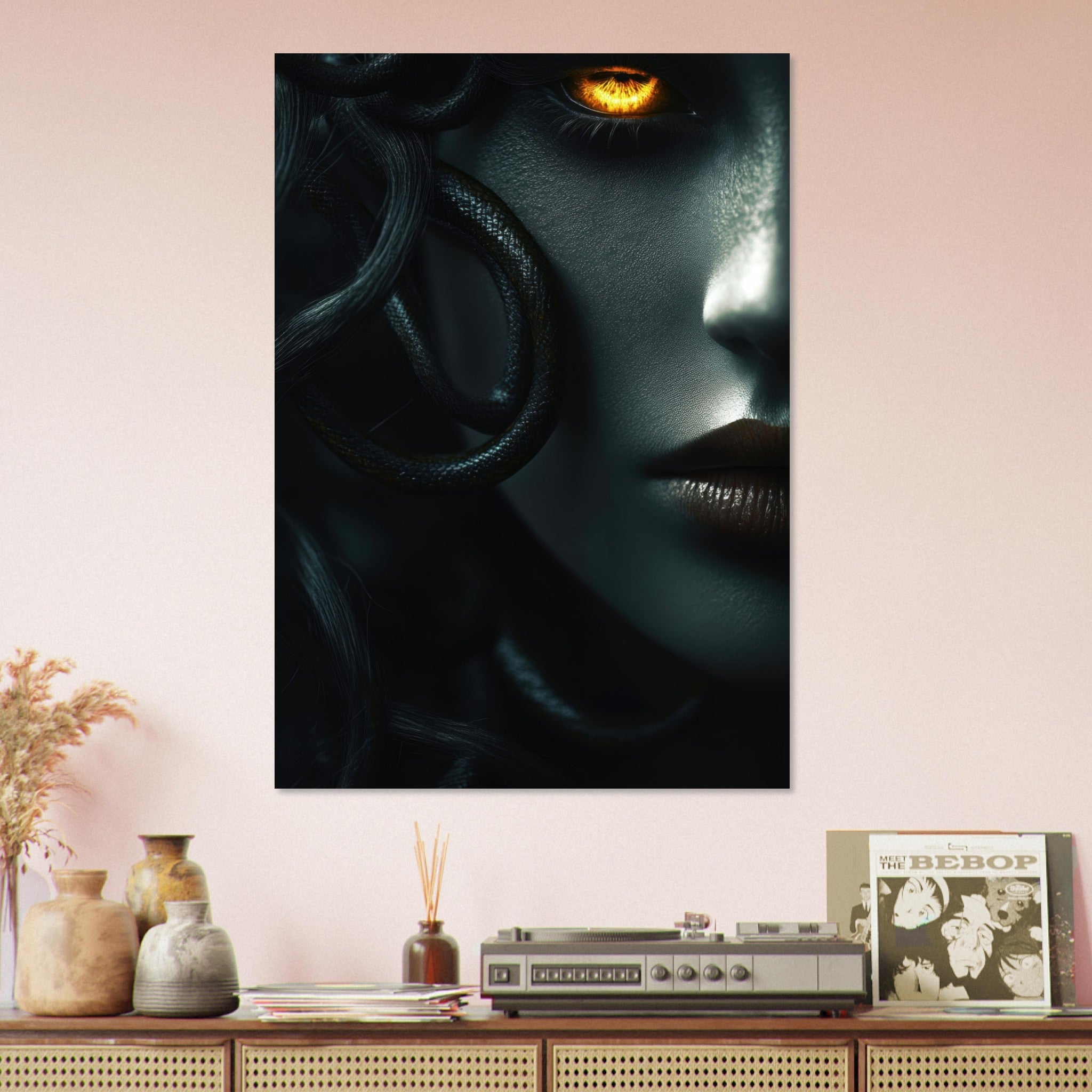 Aluminum Print Portrait - Minimalist Medusas Gaze Minimalism Tight - Focus - Shop Ai Art WebShop - Digital Art online Store