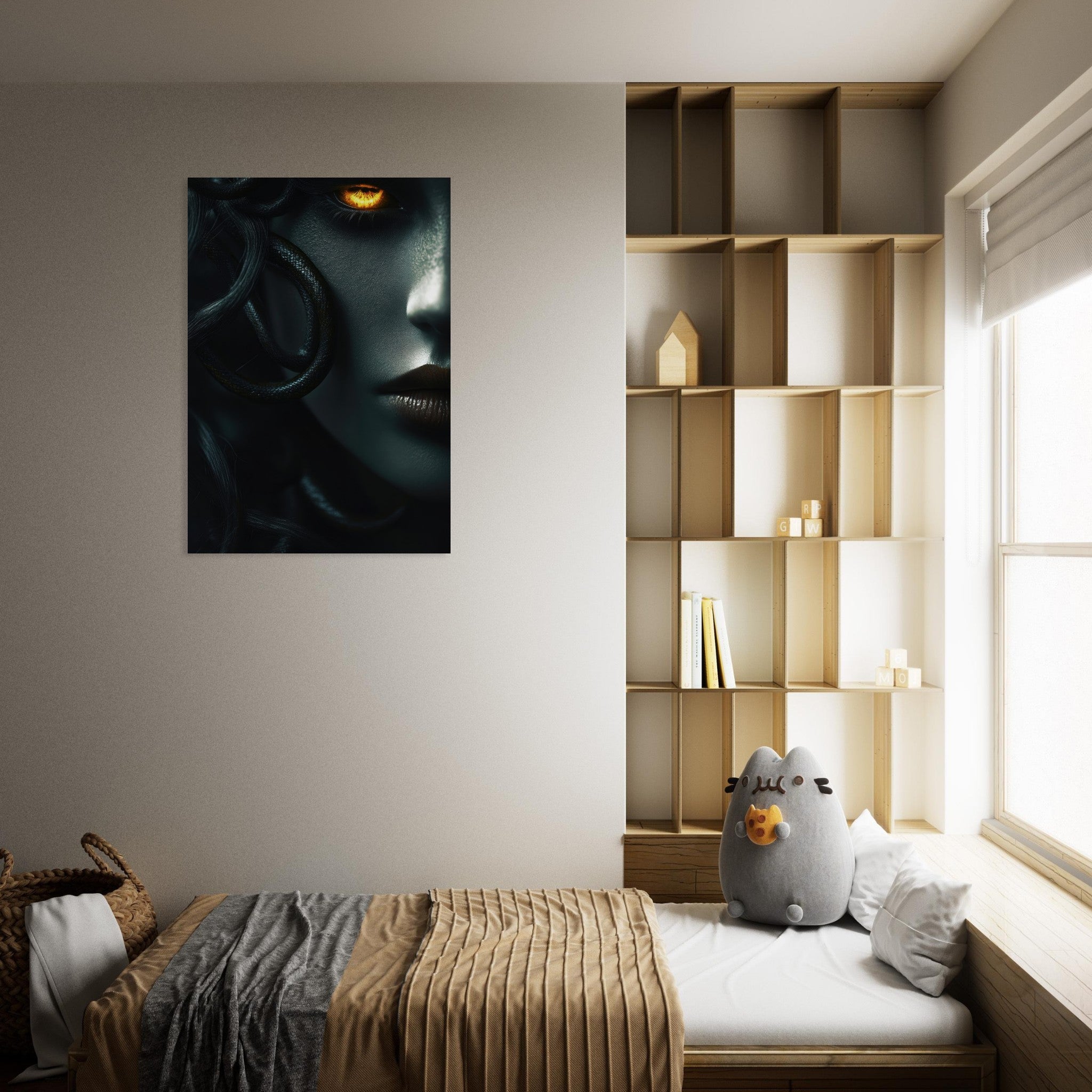 Aluminum Print Portrait - Minimalist Medusas Gaze Minimalism Tight - Focus - Shop Ai Art WebShop - Digital Art online Store