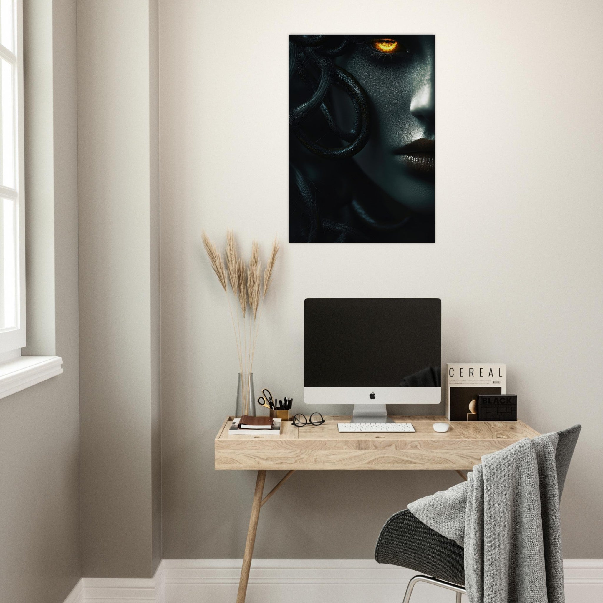 Aluminum Print Portrait - Minimalist Medusas Gaze Minimalism Tight - Focus - Shop Ai Art WebShop - Digital Art online Store