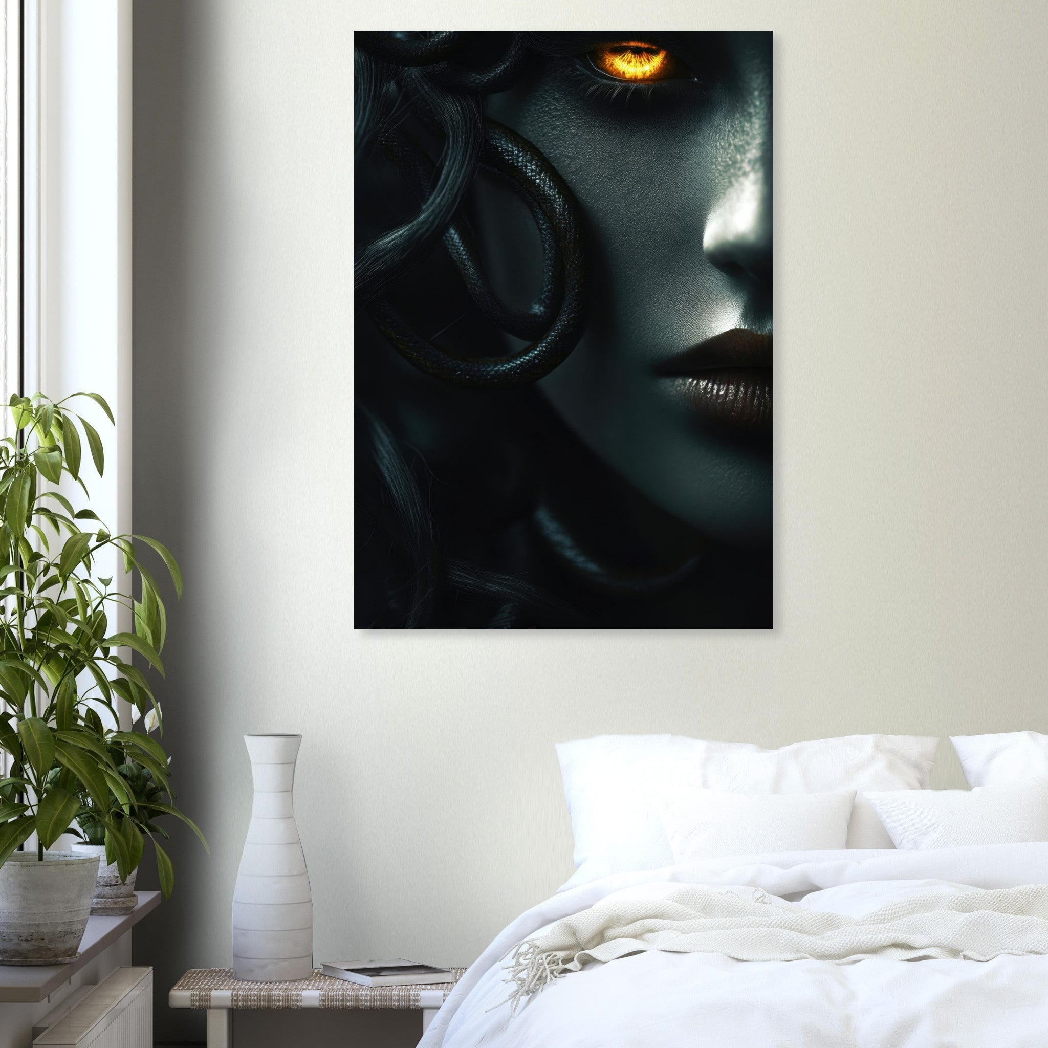Aluminum Print Portrait - Minimalist Medusas Gaze Minimalism Tight - Focus - Shop Ai Art WebShop - Digital Art online Store