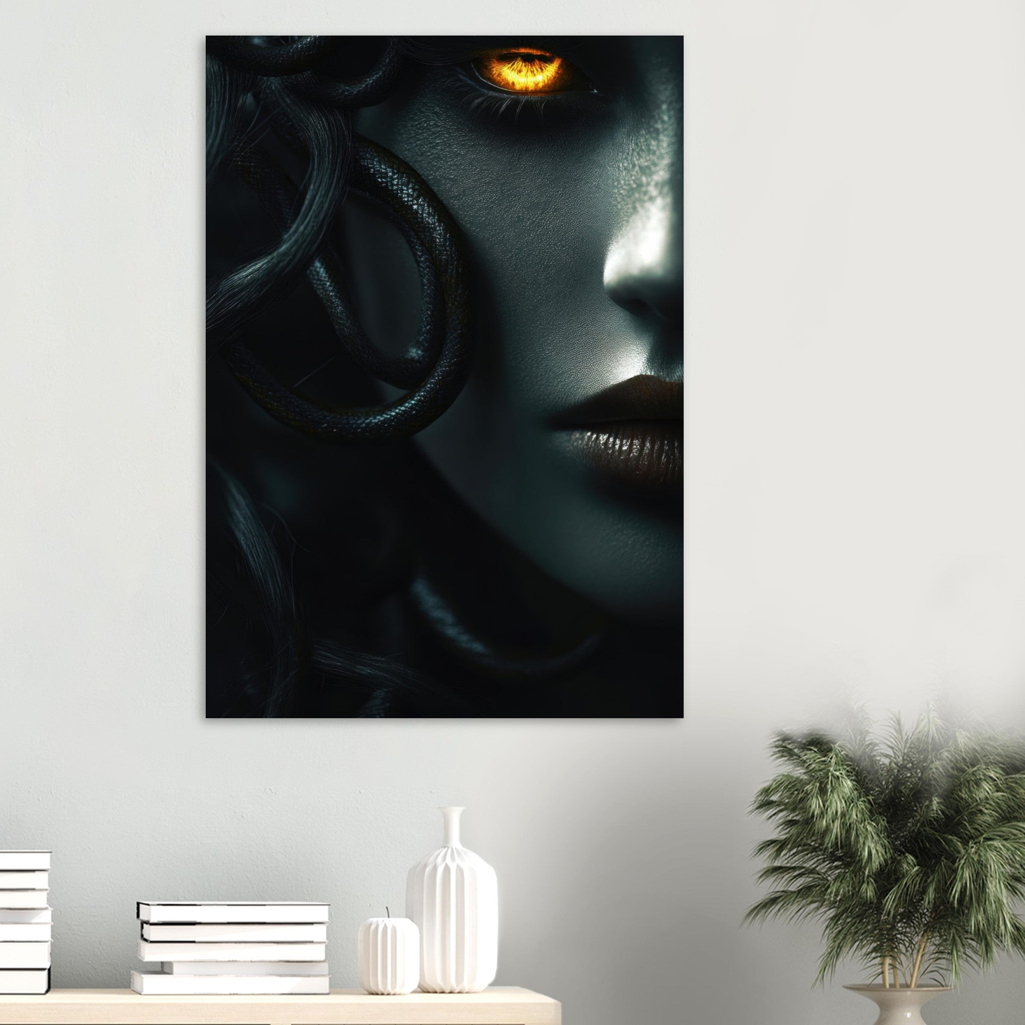 Aluminum Print Portrait - Minimalist Medusas Gaze Minimalism Tight - Focus - Shop Ai Art WebShop - Digital Art online Store