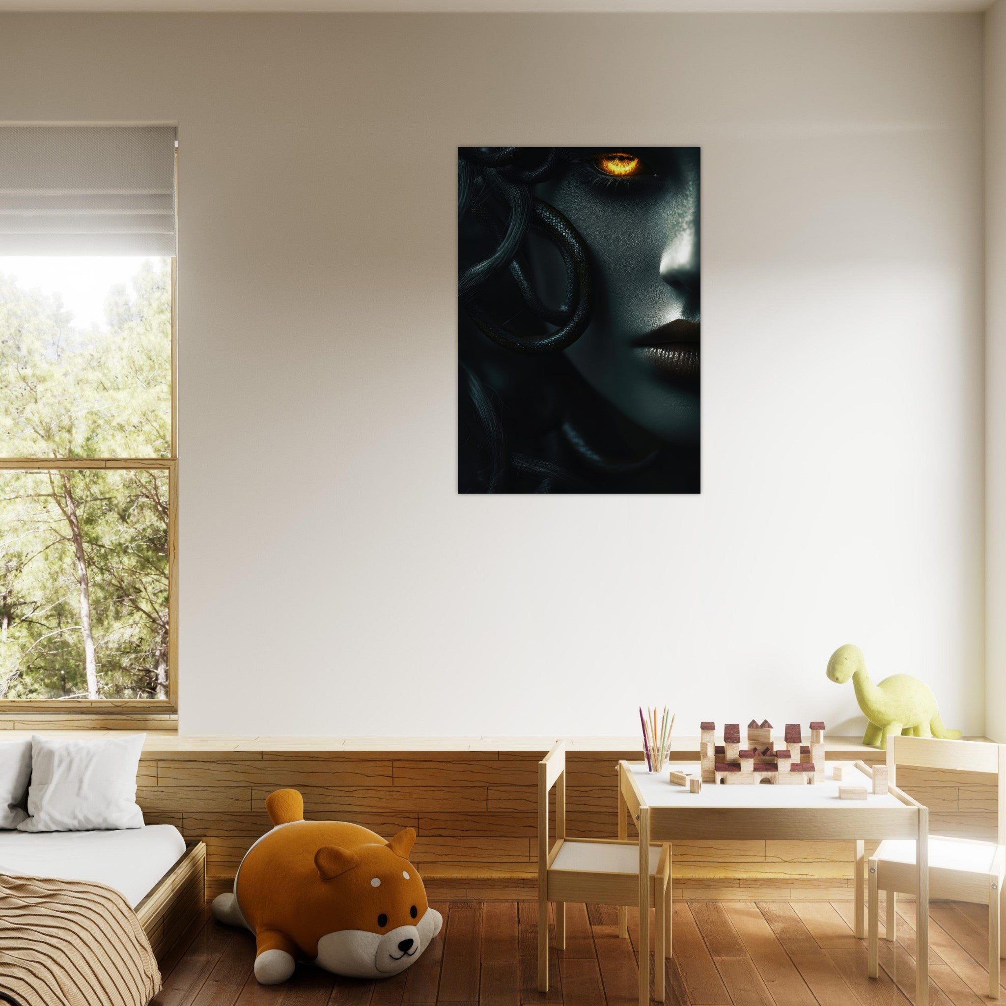 Aluminum Print Portrait - Minimalist Medusas Gaze Minimalism Tight - Focus - Shop Ai Art WebShop - Digital Art online Store