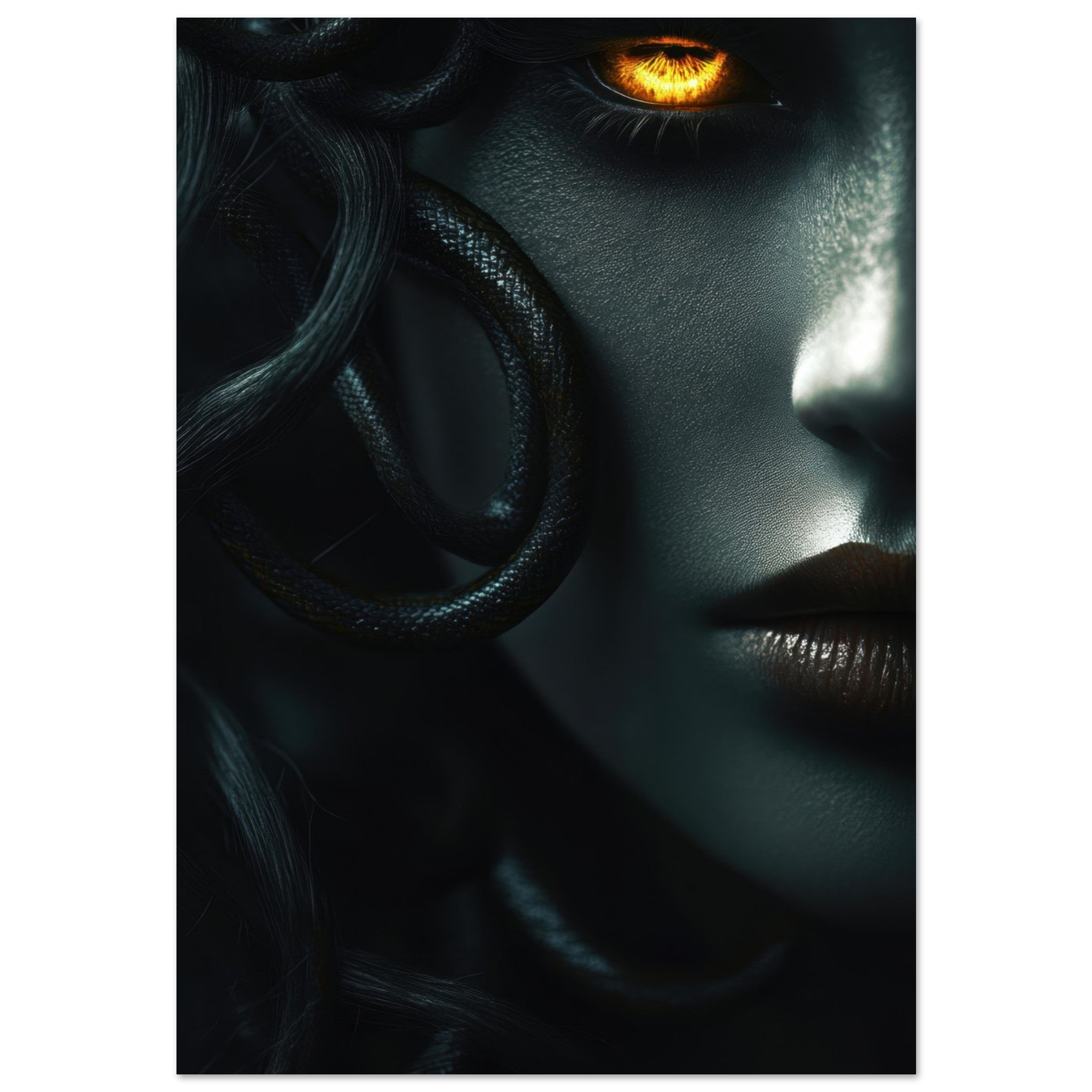 Aluminum Print Portrait - Minimalist Medusas Gaze Minimalism Tight - Focus - Shop Ai Art WebShop - Digital Art online Store