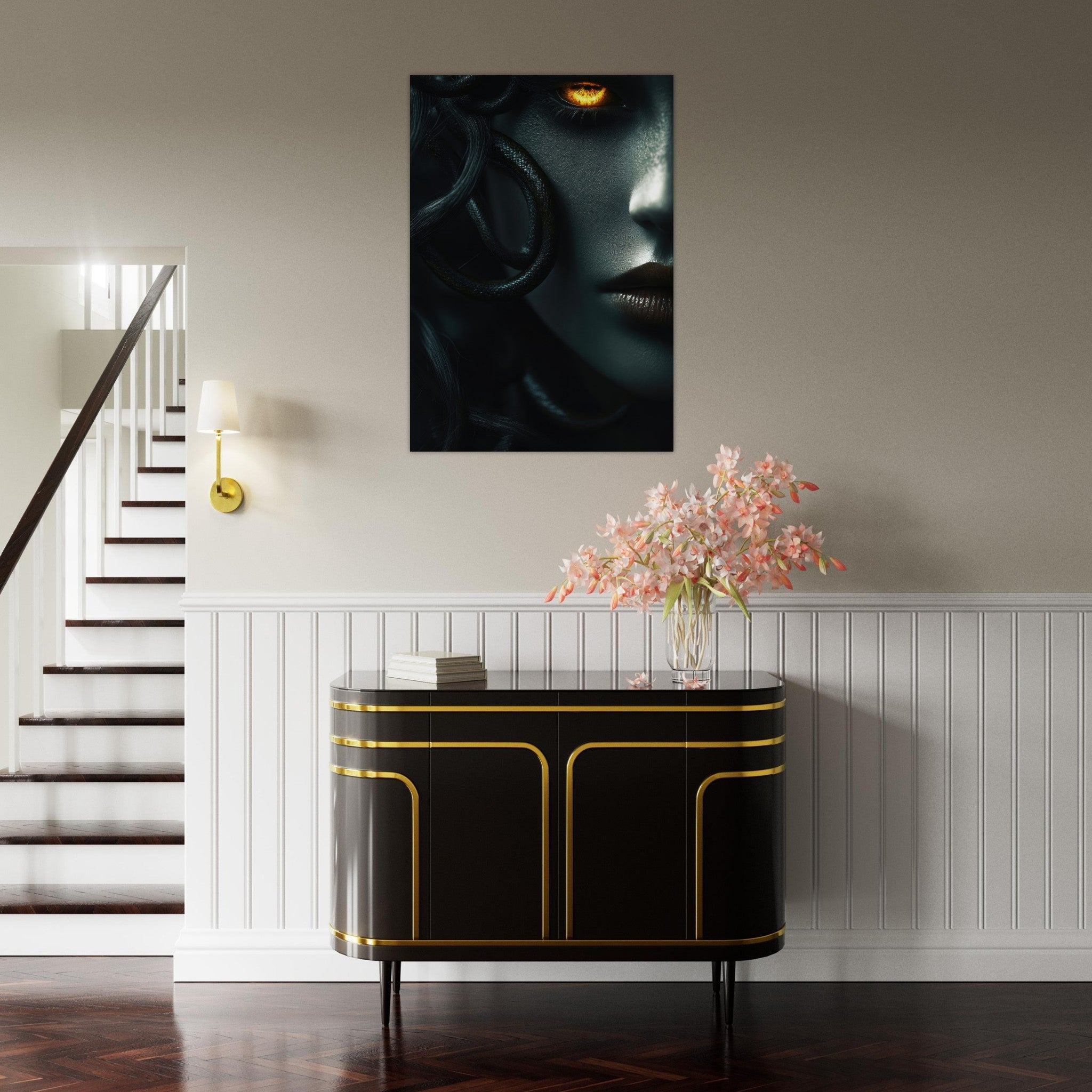 Aluminum Print Portrait - Minimalist Medusas Gaze Minimalism Tight - Focus - Shop Ai Art WebShop - Digital Art online Store