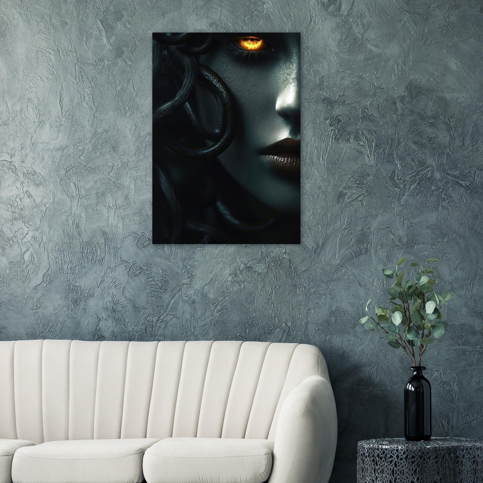 Aluminum Print Portrait - Minimalist Medusas Gaze Minimalism Tight - Focus - Shop Ai Art WebShop - Digital Art online Store