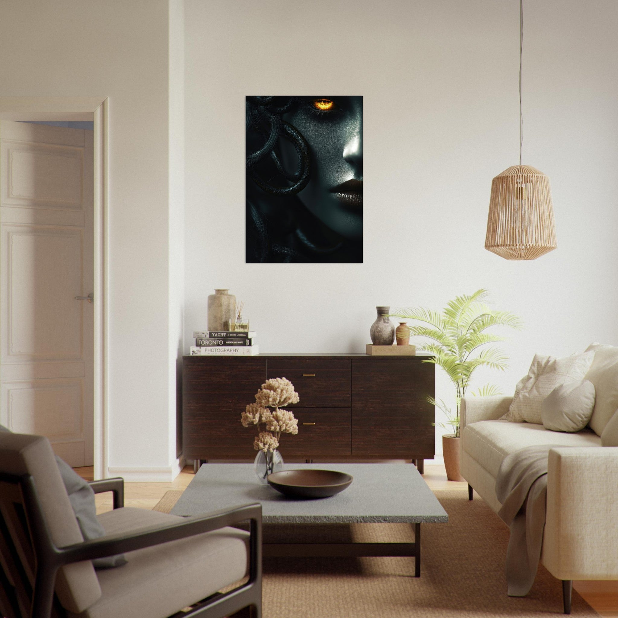 Aluminum Print Portrait - Minimalist Medusas Gaze Minimalism Tight - Focus - Shop Ai Art WebShop - Digital Art online Store