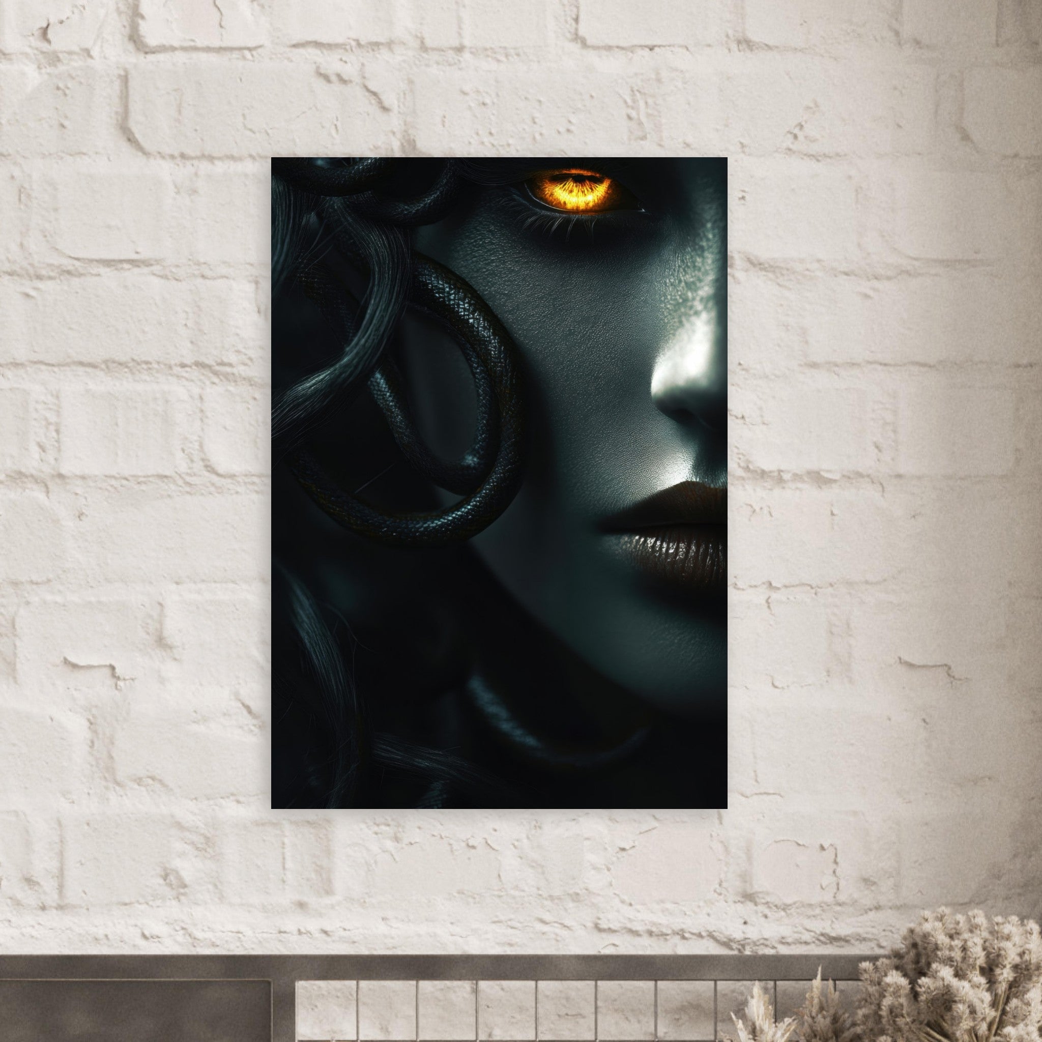 Aluminum Print Portrait - Minimalist Medusas Gaze Minimalism Tight - Focus - Shop Ai Art WebShop - Digital Art online Store