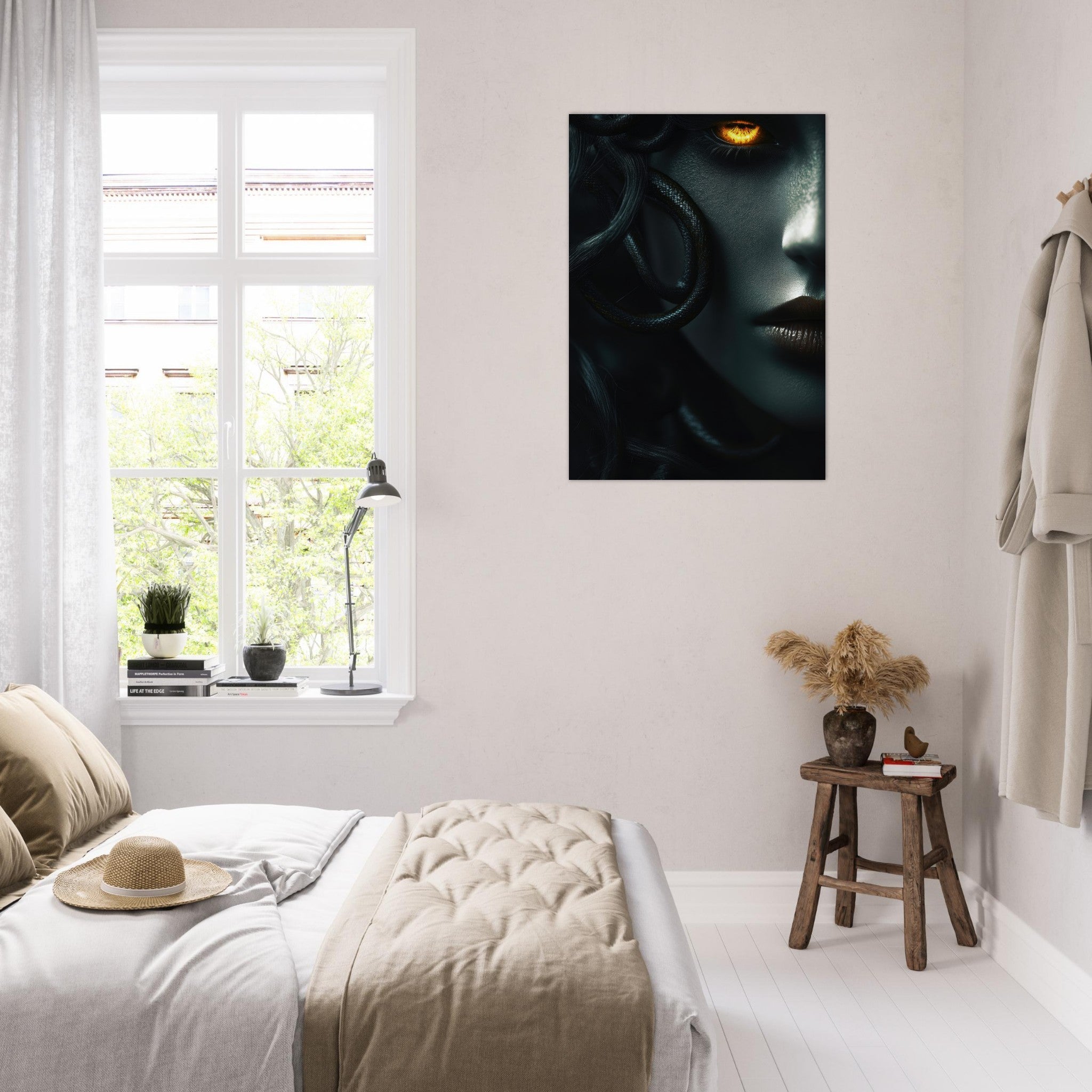 Aluminum Print Portrait - Minimalist Medusas Gaze Minimalism Tight - Focus - Shop Ai Art WebShop - Digital Art online Store