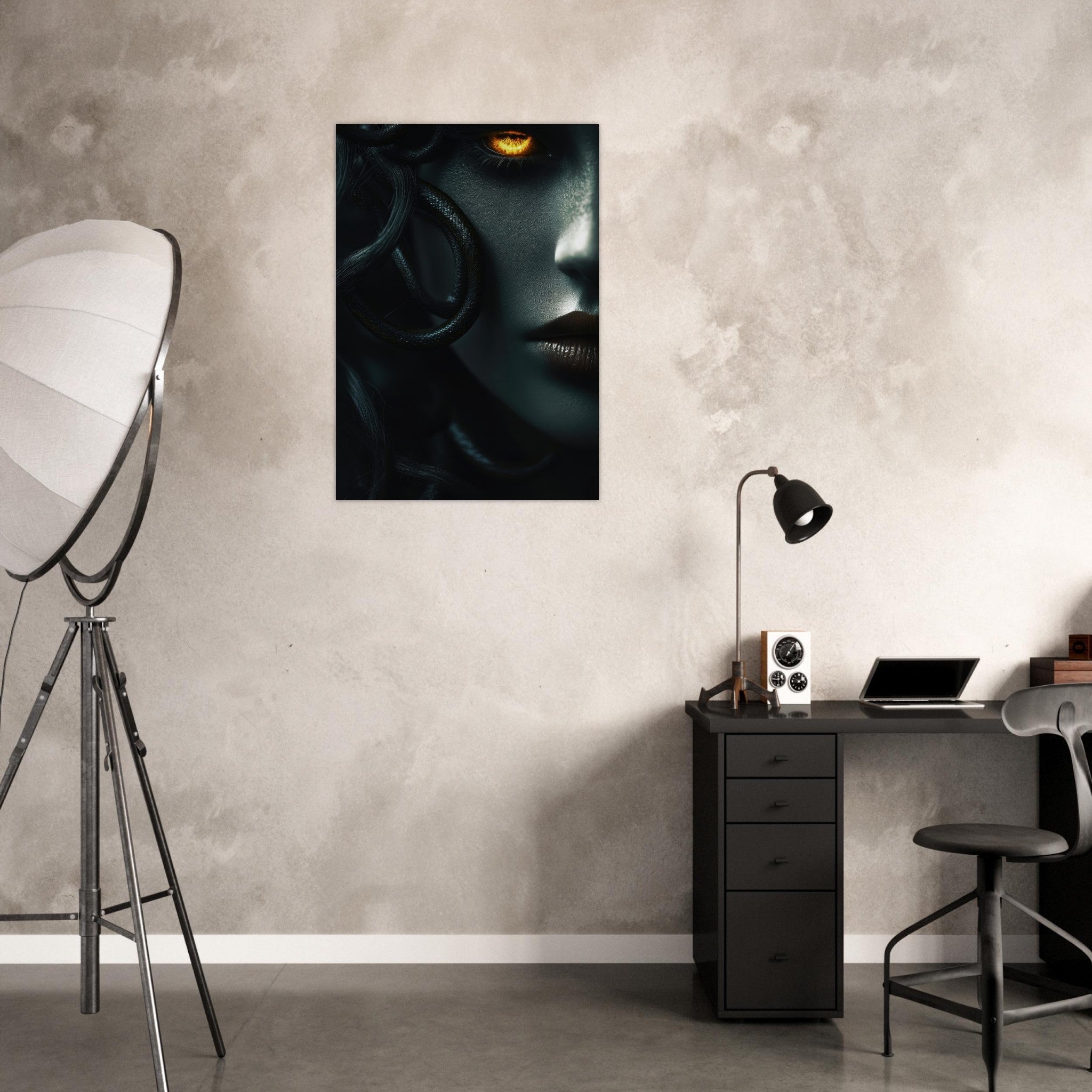 Aluminum Print Portrait - Minimalist Medusas Gaze Minimalism Tight - Focus - Shop Ai Art WebShop - Digital Art online Store