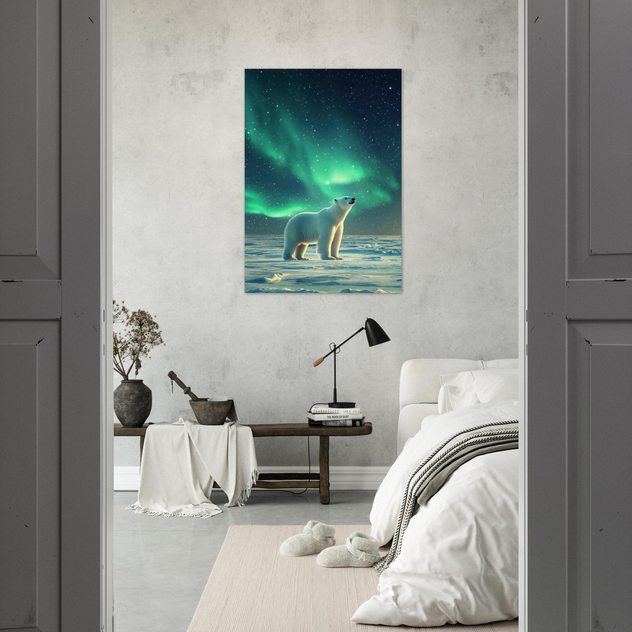Aluminum Print Portrait - Polar Bear Under the Aurora Borealis A solitary 3 - Shop Ai Art WebShop - Digital Art online Store