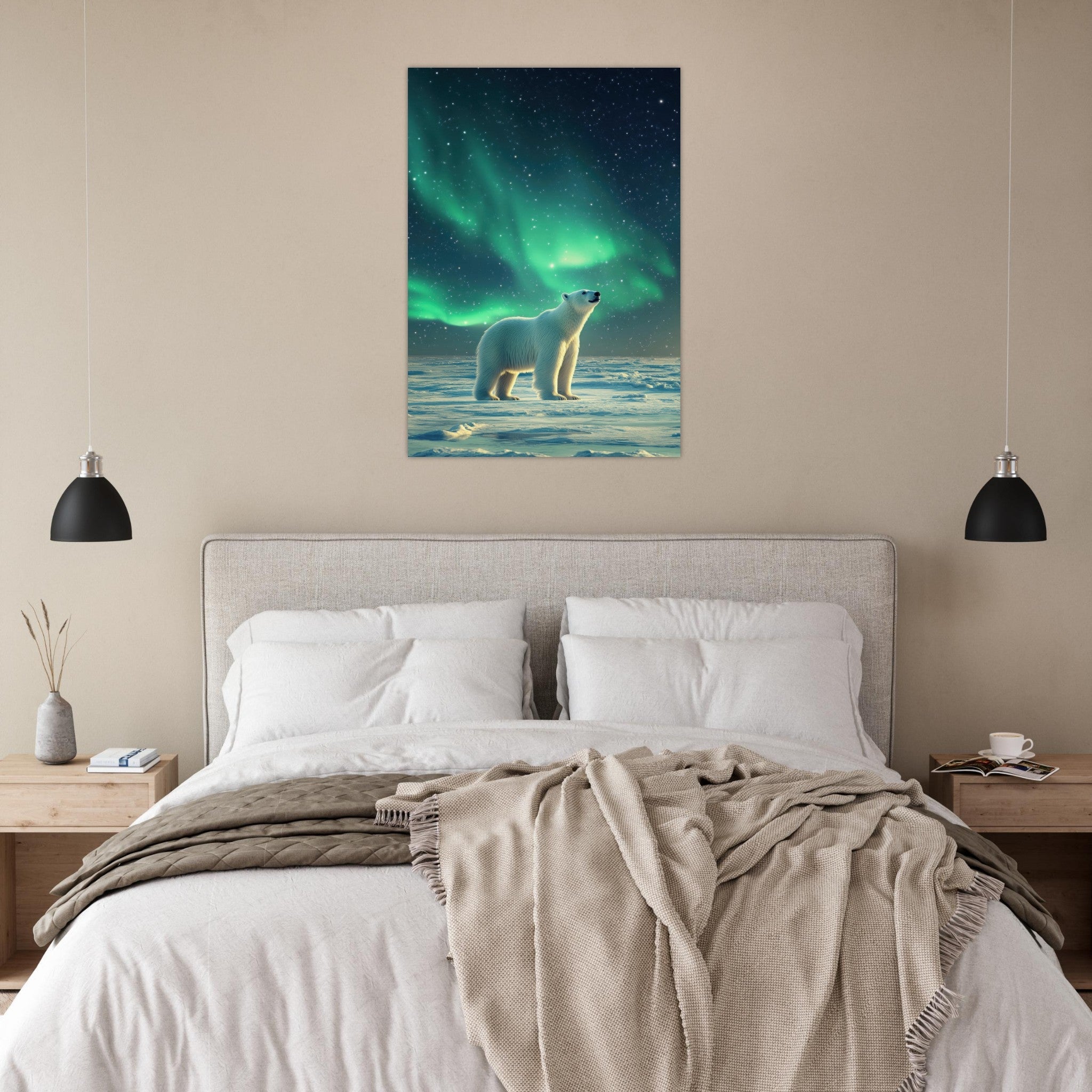 Aluminum Print Portrait - Polar Bear Under the Aurora Borealis A solitary 3 - Shop Ai Art WebShop - Digital Art online Store