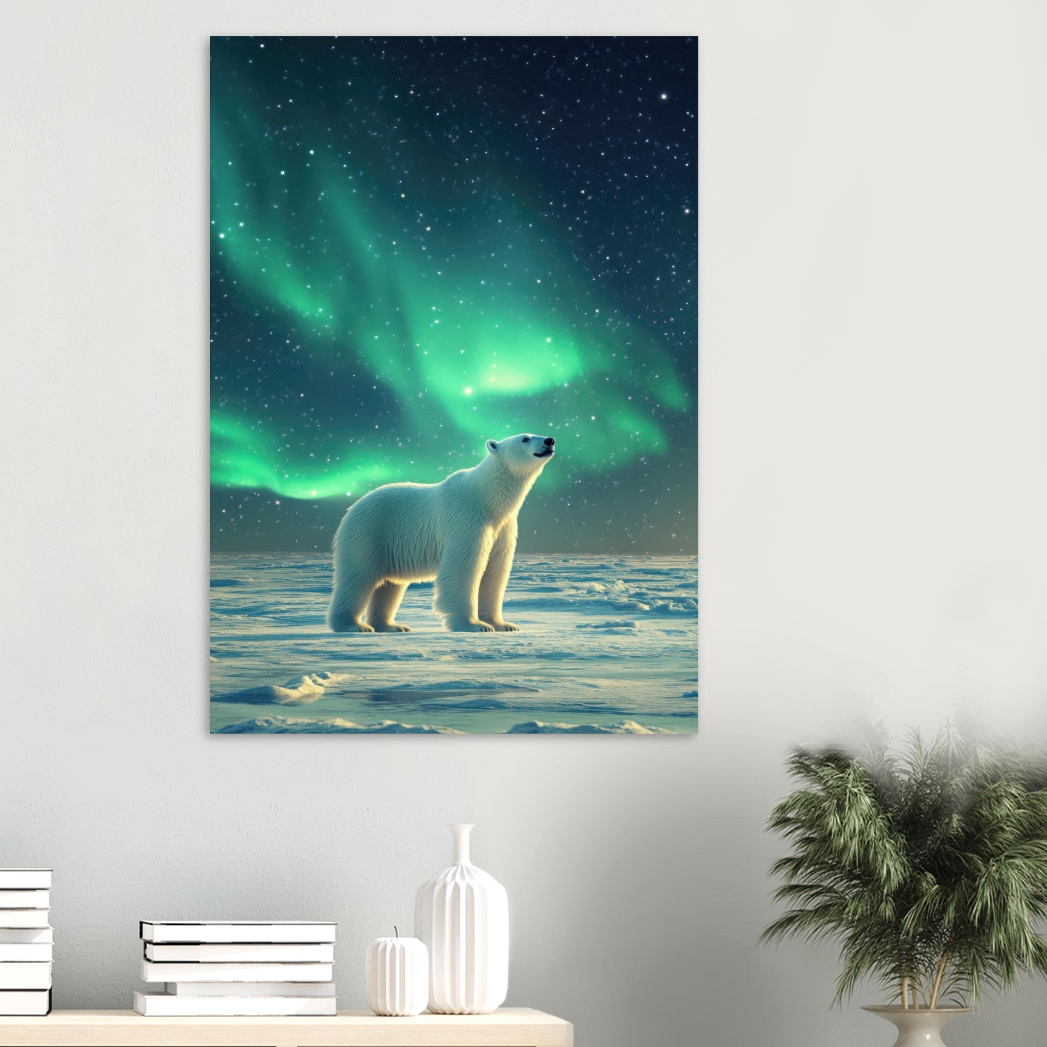 Aluminum Print Portrait - Polar Bear Under the Aurora Borealis A solitary 3 - Shop Ai Art WebShop - Digital Art online Store
