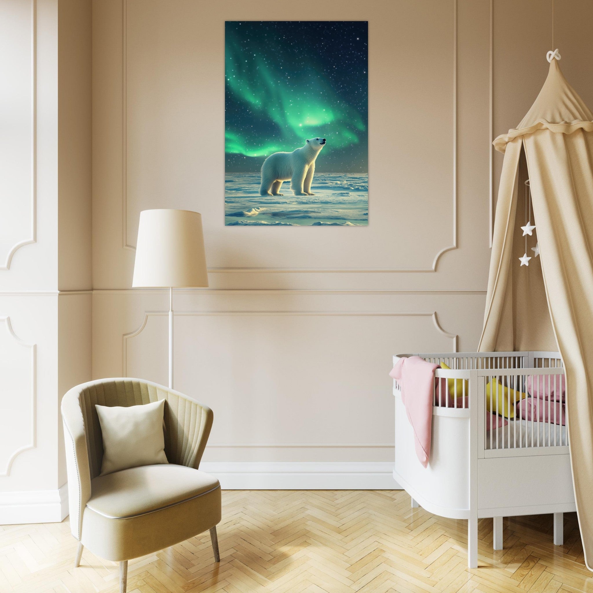Aluminum Print Portrait - Polar Bear Under the Aurora Borealis A solitary 3 - Shop Ai Art WebShop - Digital Art online Store