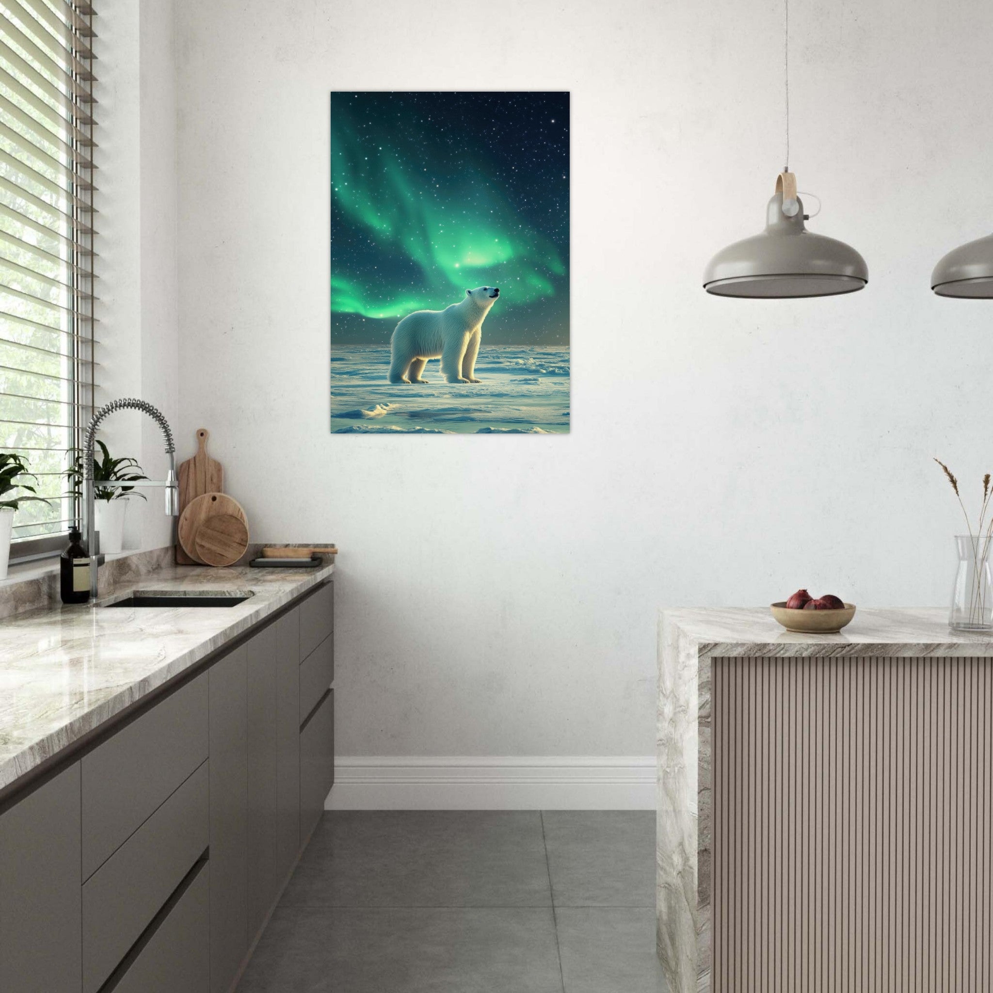 Aluminum Print Portrait - Polar Bear Under the Aurora Borealis A solitary 3 - Shop Ai Art WebShop - Digital Art online Store