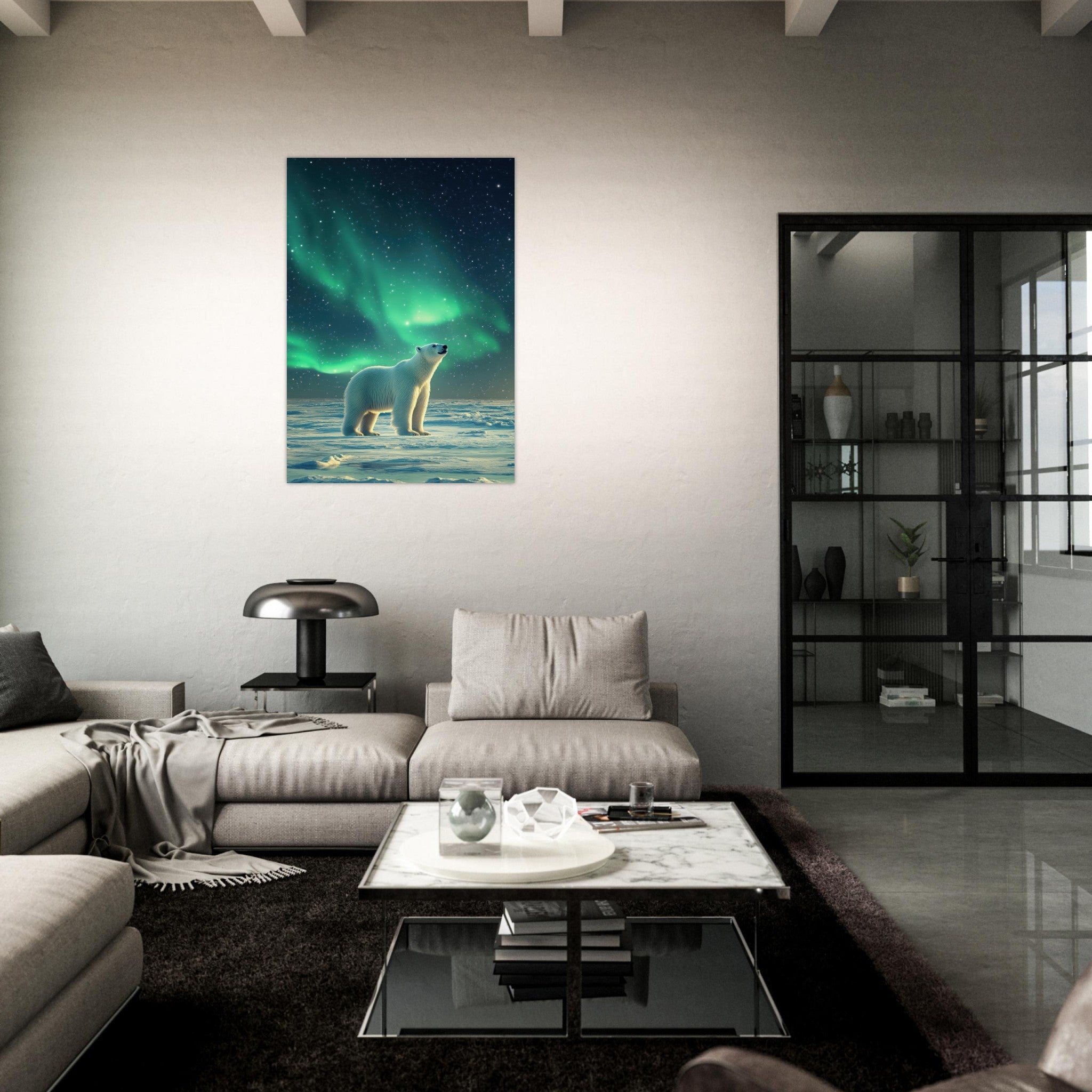 Aluminum Print Portrait - Polar Bear Under the Aurora Borealis A solitary 3 - Shop Ai Art WebShop - Digital Art online Store