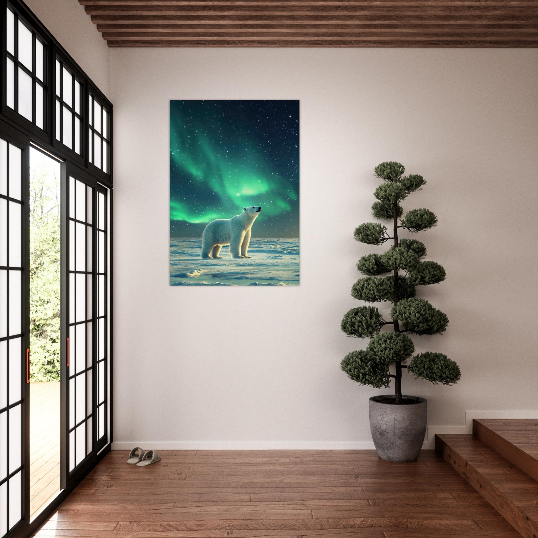 Aluminum Print Portrait - Polar Bear Under the Aurora Borealis A solitary 3 - Shop Ai Art WebShop - Digital Art online Store
