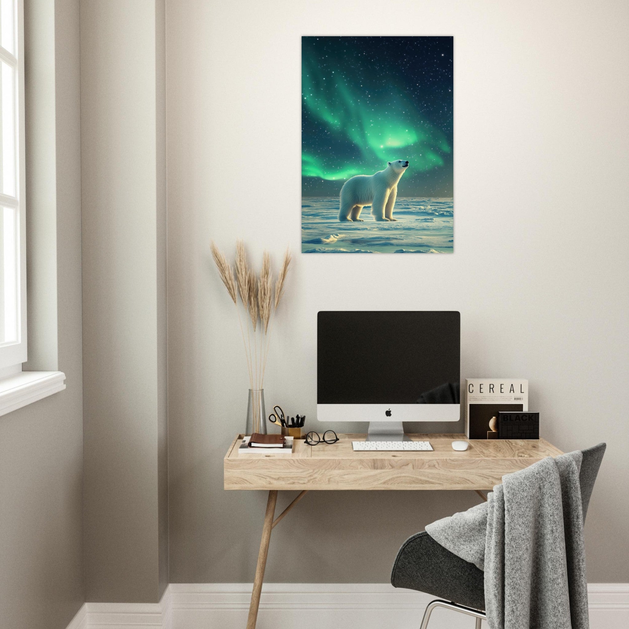 Aluminum Print Portrait - Polar Bear Under the Aurora Borealis A solitary 3 - Shop Ai Art WebShop - Digital Art online Store