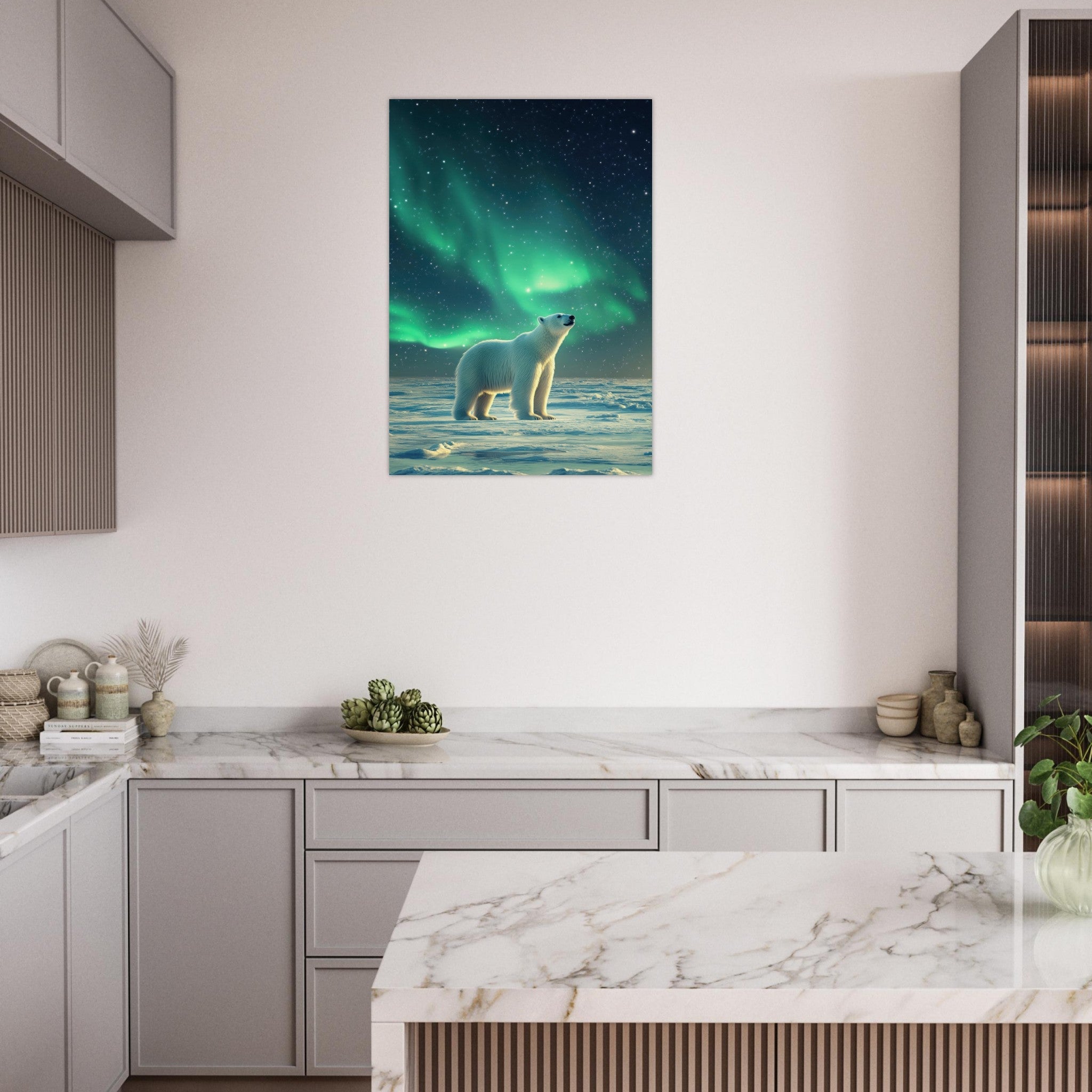 Aluminum Print Portrait - Polar Bear Under the Aurora Borealis A solitary 3 - Shop Ai Art WebShop - Digital Art online Store
