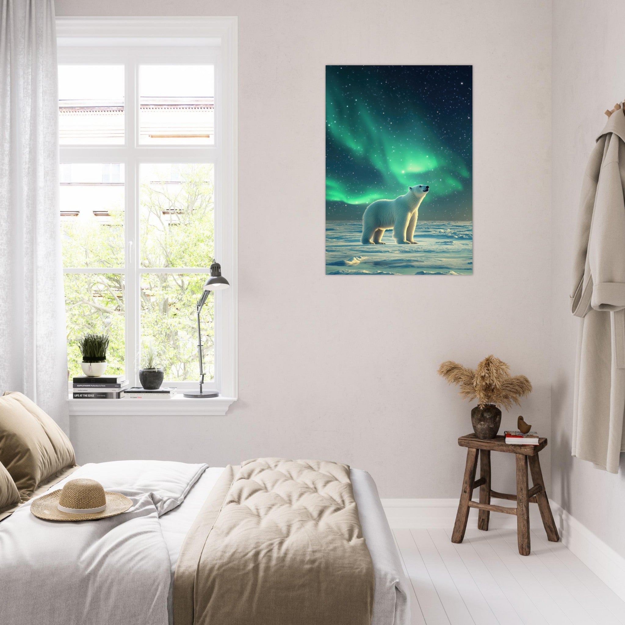 Aluminum Print Portrait - Polar Bear Under the Aurora Borealis A solitary 3 - Shop Ai Art WebShop - Digital Art online Store