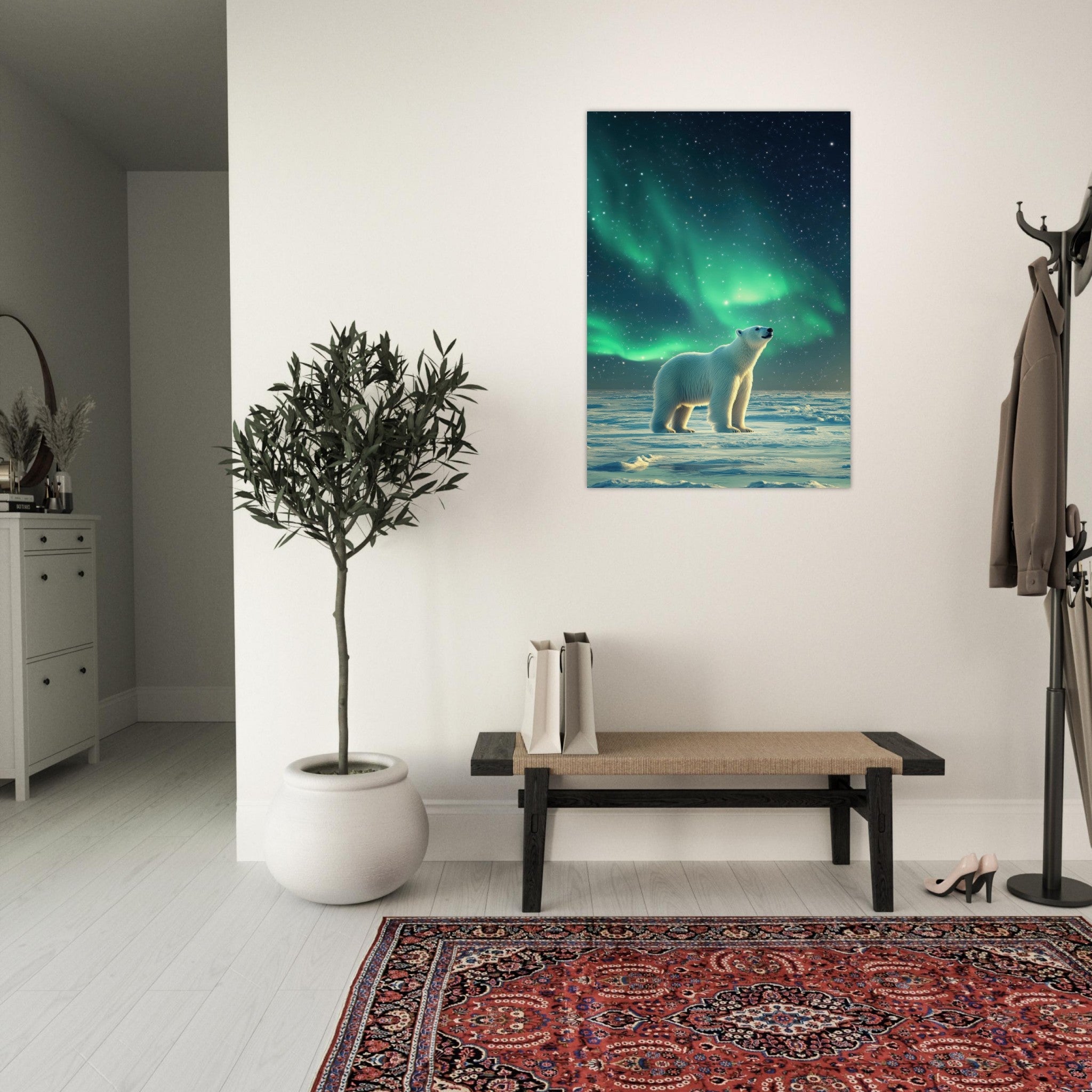 Aluminum Print Portrait - Polar Bear Under the Aurora Borealis A solitary 3 - Shop Ai Art WebShop - Digital Art online Store