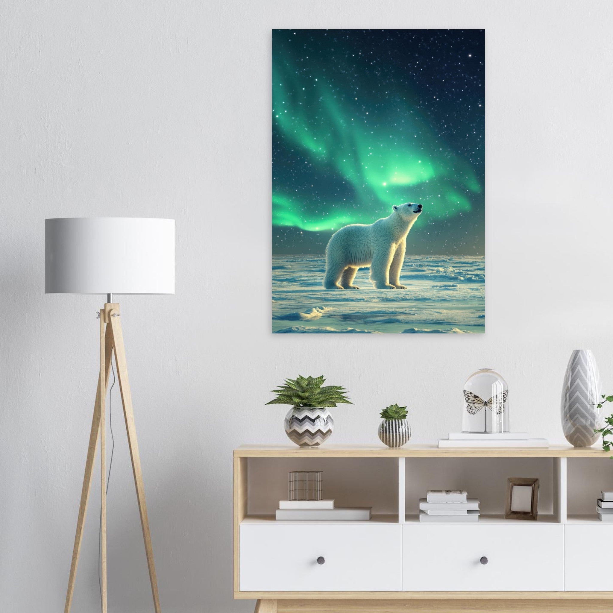 Aluminum Print Portrait - Polar Bear Under the Aurora Borealis A solitary 3 - Shop Ai Art WebShop - Digital Art online Store