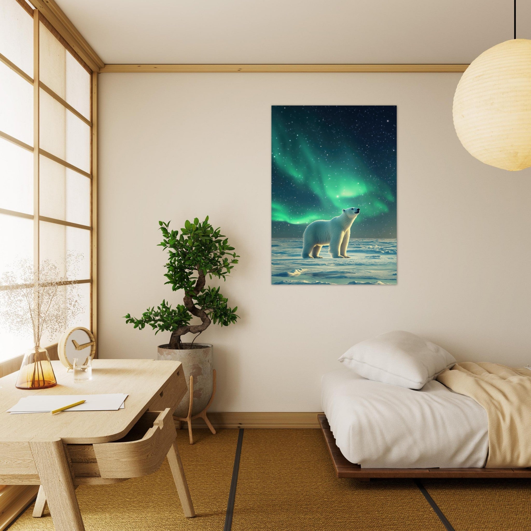 Aluminum Print Portrait - Polar Bear Under the Aurora Borealis A solitary 3 - Shop Ai Art WebShop - Digital Art online Store