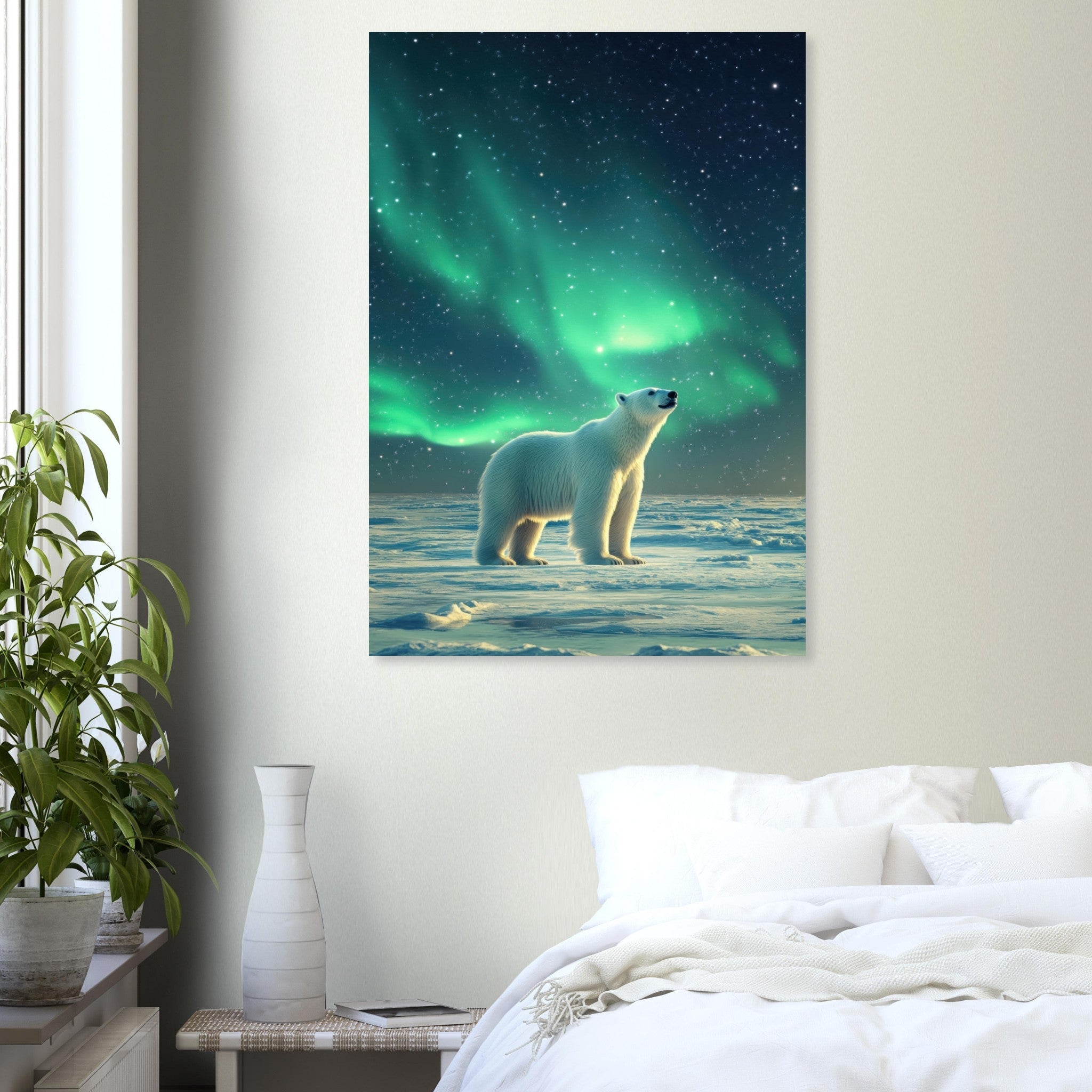 Aluminum Print Portrait - Polar Bear Under the Aurora Borealis A solitary 3 - Shop Ai Art WebShop - Digital Art online Store