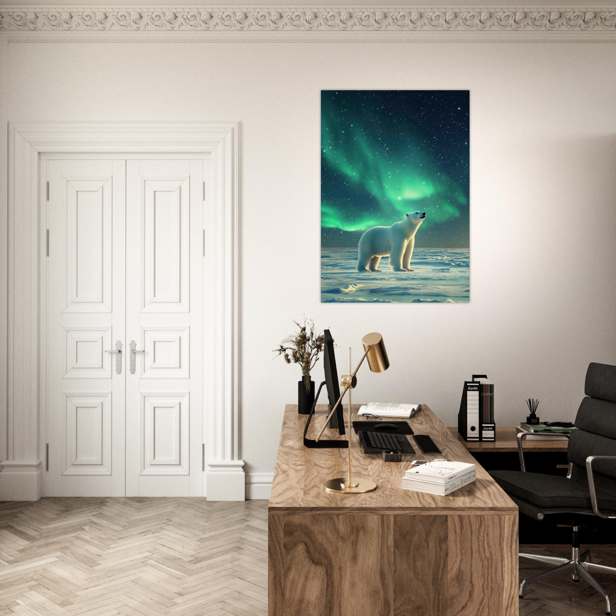Aluminum Print Portrait - Polar Bear Under the Aurora Borealis A solitary 3 - Shop Ai Art WebShop - Digital Art online Store