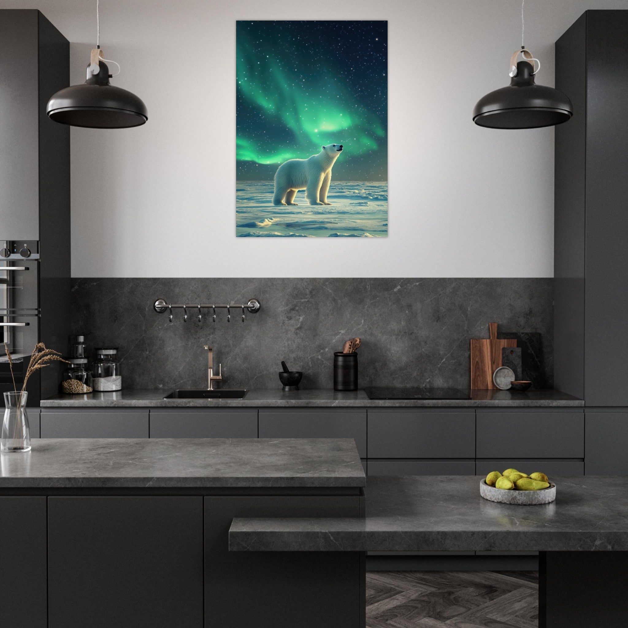 Aluminum Print Portrait - Polar Bear Under the Aurora Borealis A solitary 3 - Shop Ai Art WebShop - Digital Art online Store