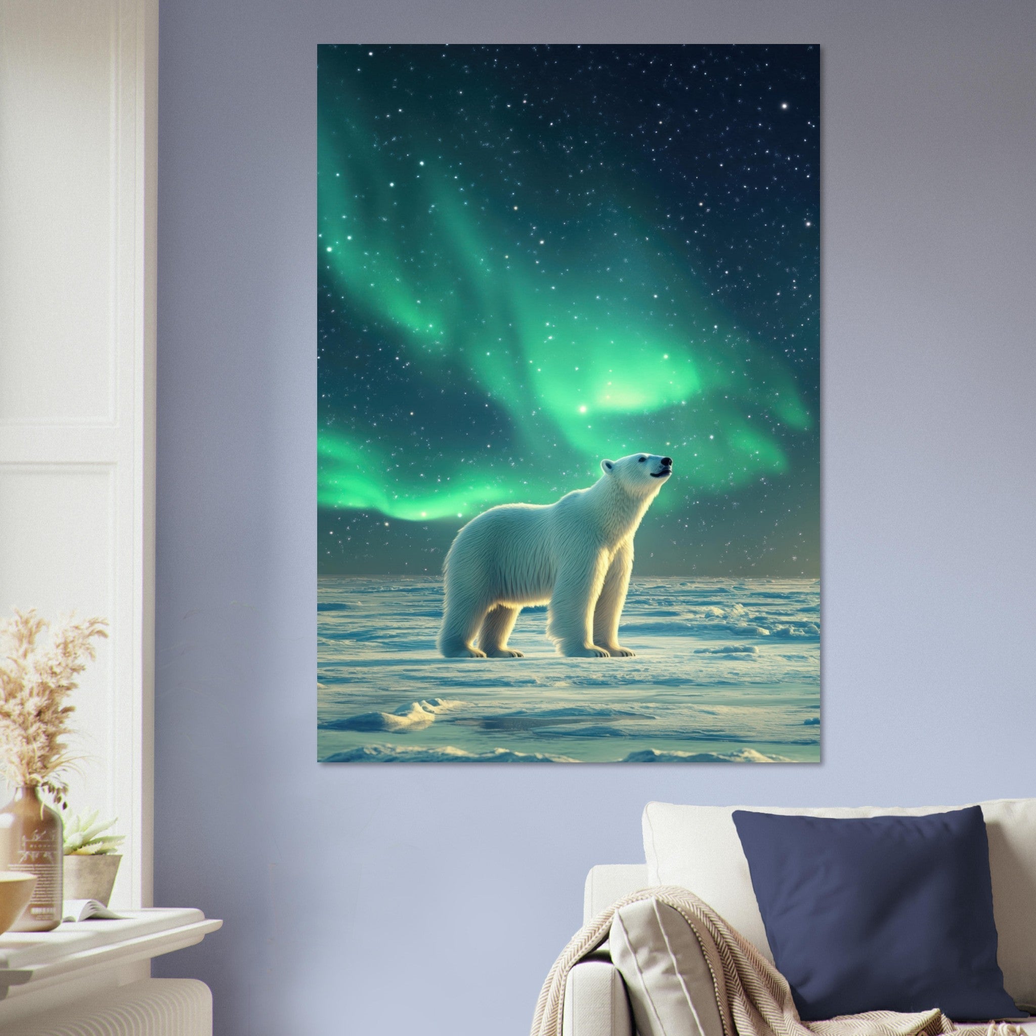 Aluminum Print Portrait - Polar Bear Under the Aurora Borealis A solitary 3 - Shop Ai Art WebShop - Digital Art online Store