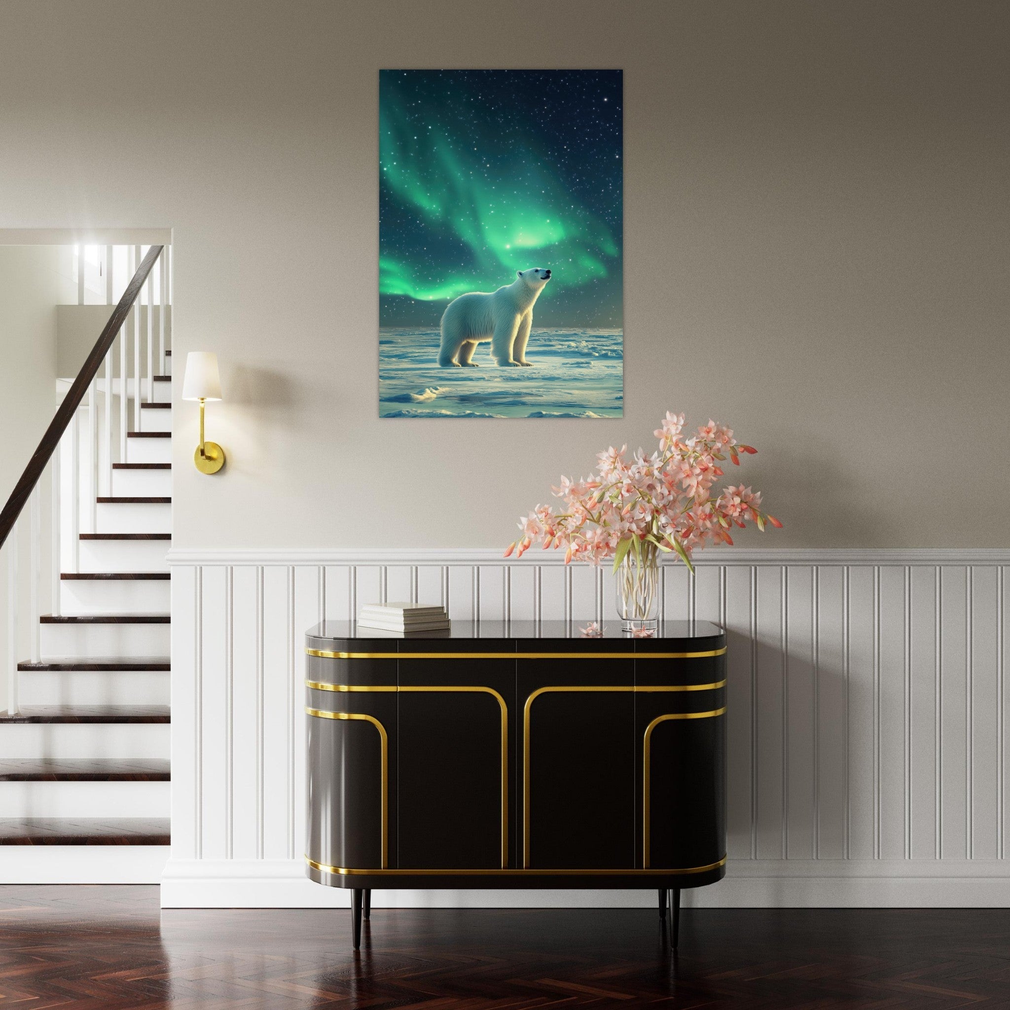 Aluminum Print Portrait - Polar Bear Under the Aurora Borealis A solitary 3 - Shop Ai Art WebShop - Digital Art online Store