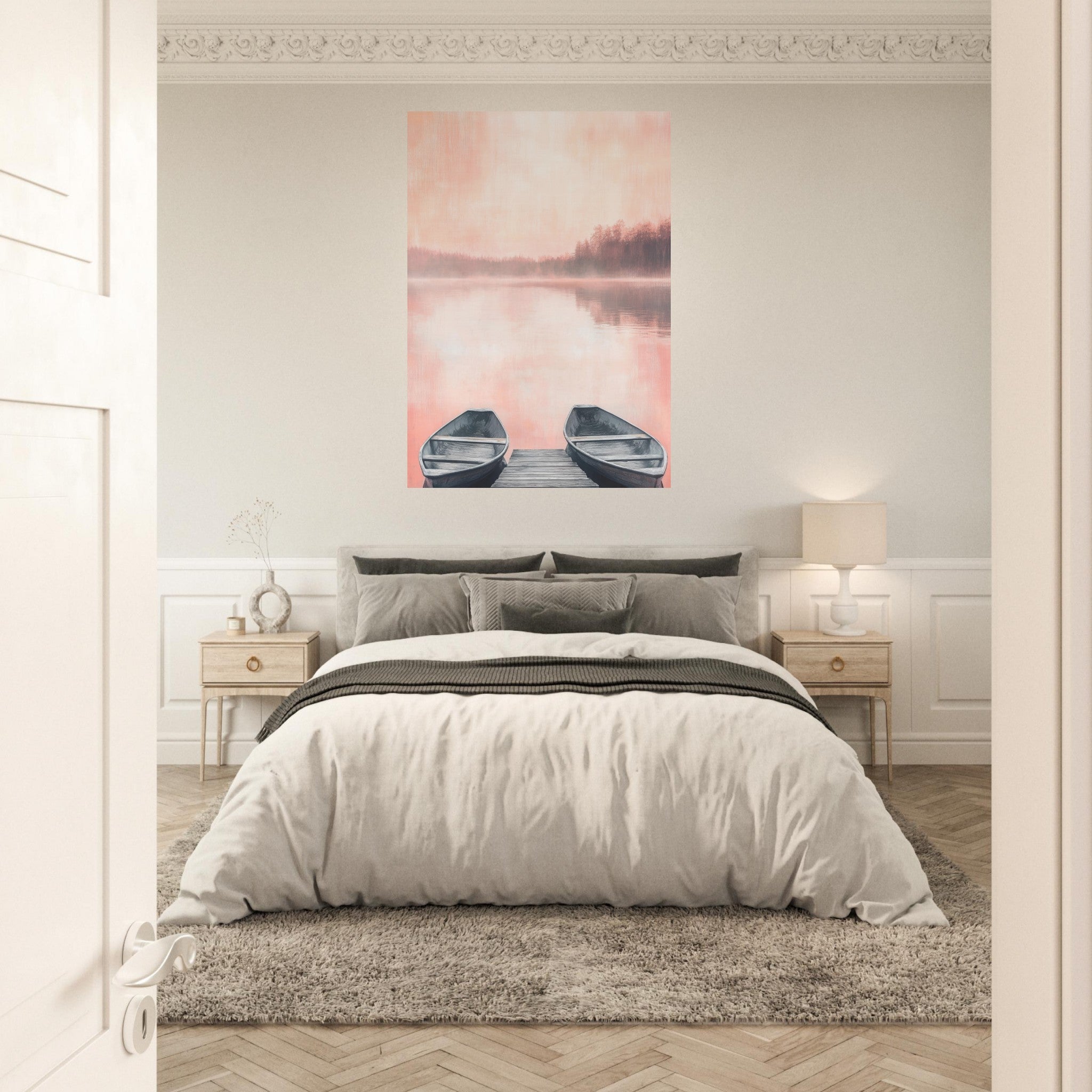 Aluminum Print Portrait - Serene Lake with Rowboats A tranquil lake - Shop Ai Art WebShop - Digital Art online Store