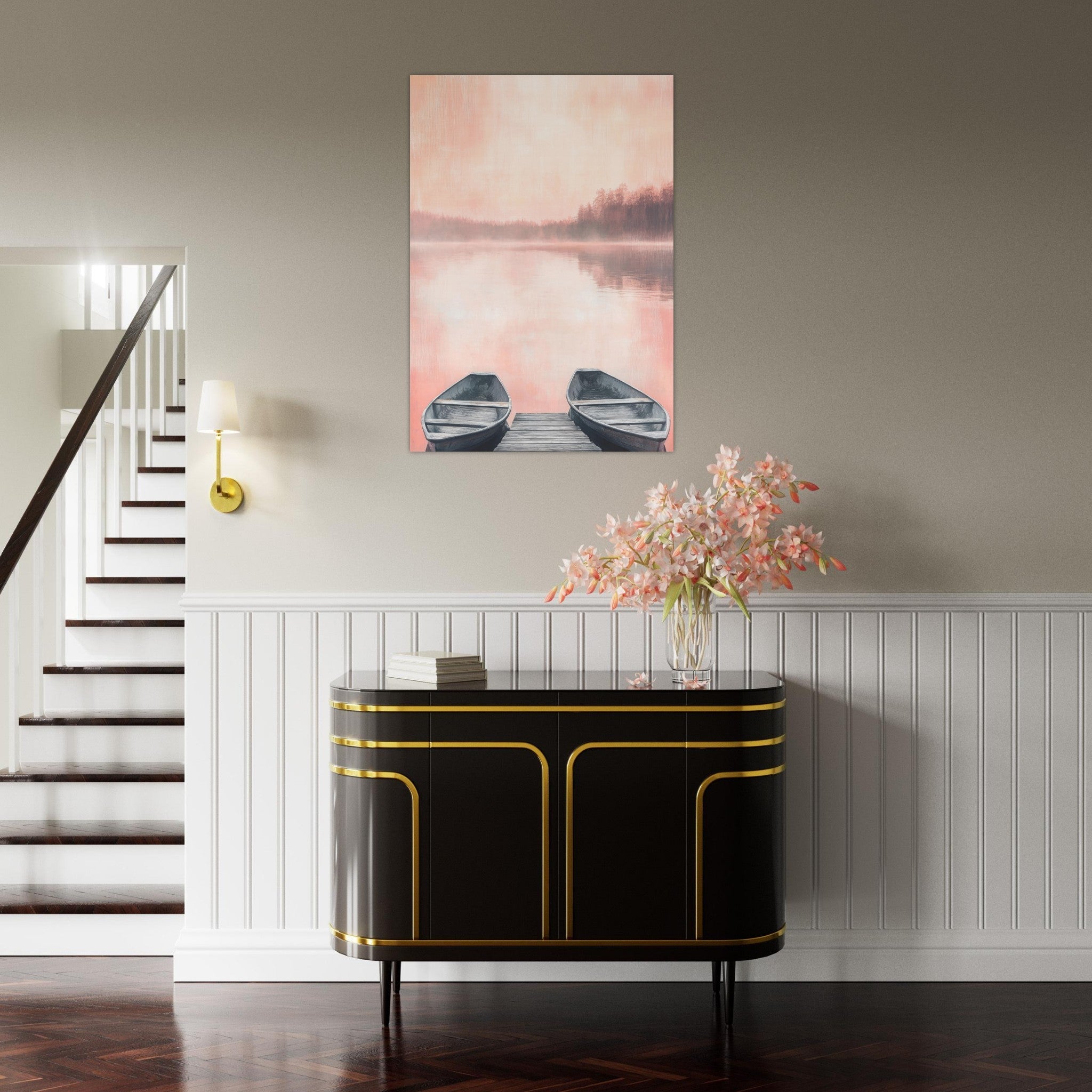 Aluminum Print Portrait - Serene Lake with Rowboats A tranquil lake - Shop Ai Art WebShop - Digital Art online Store