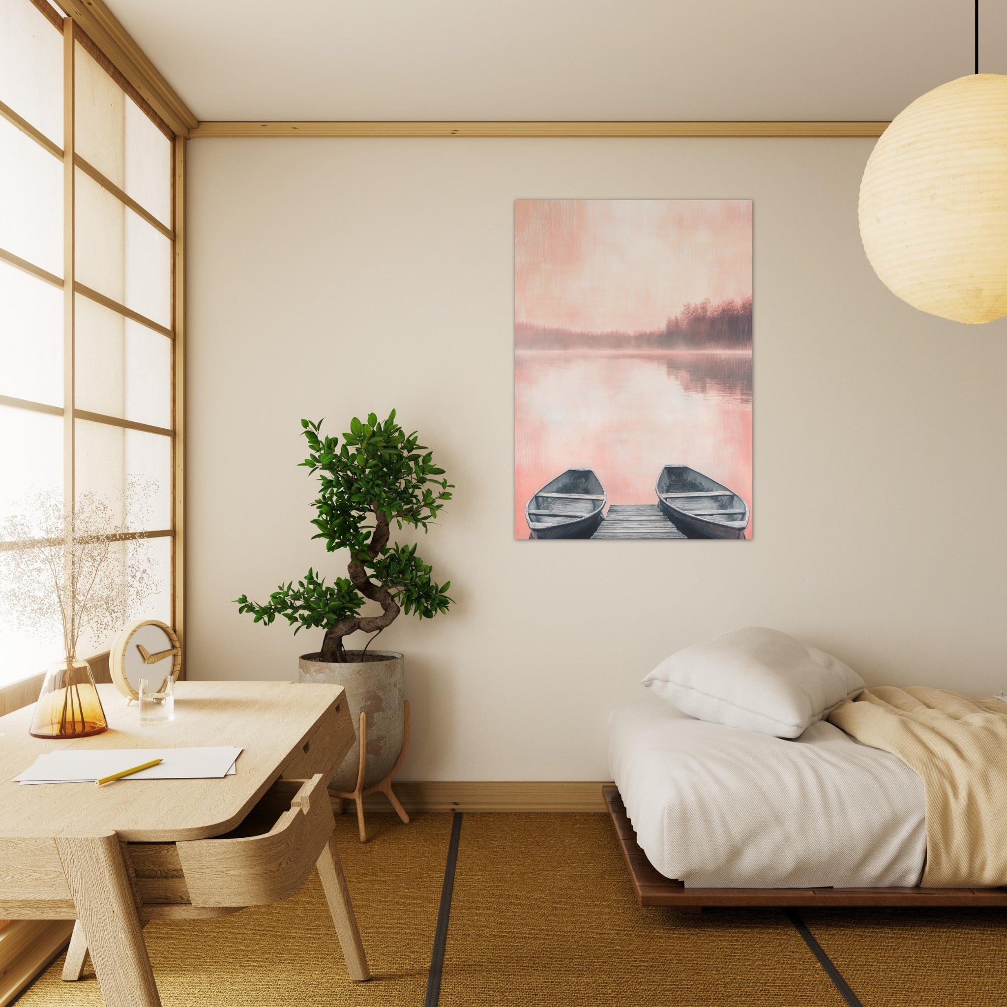 Aluminum Print Portrait - Serene Lake with Rowboats A tranquil lake - Shop Ai Art WebShop - Digital Art online Store