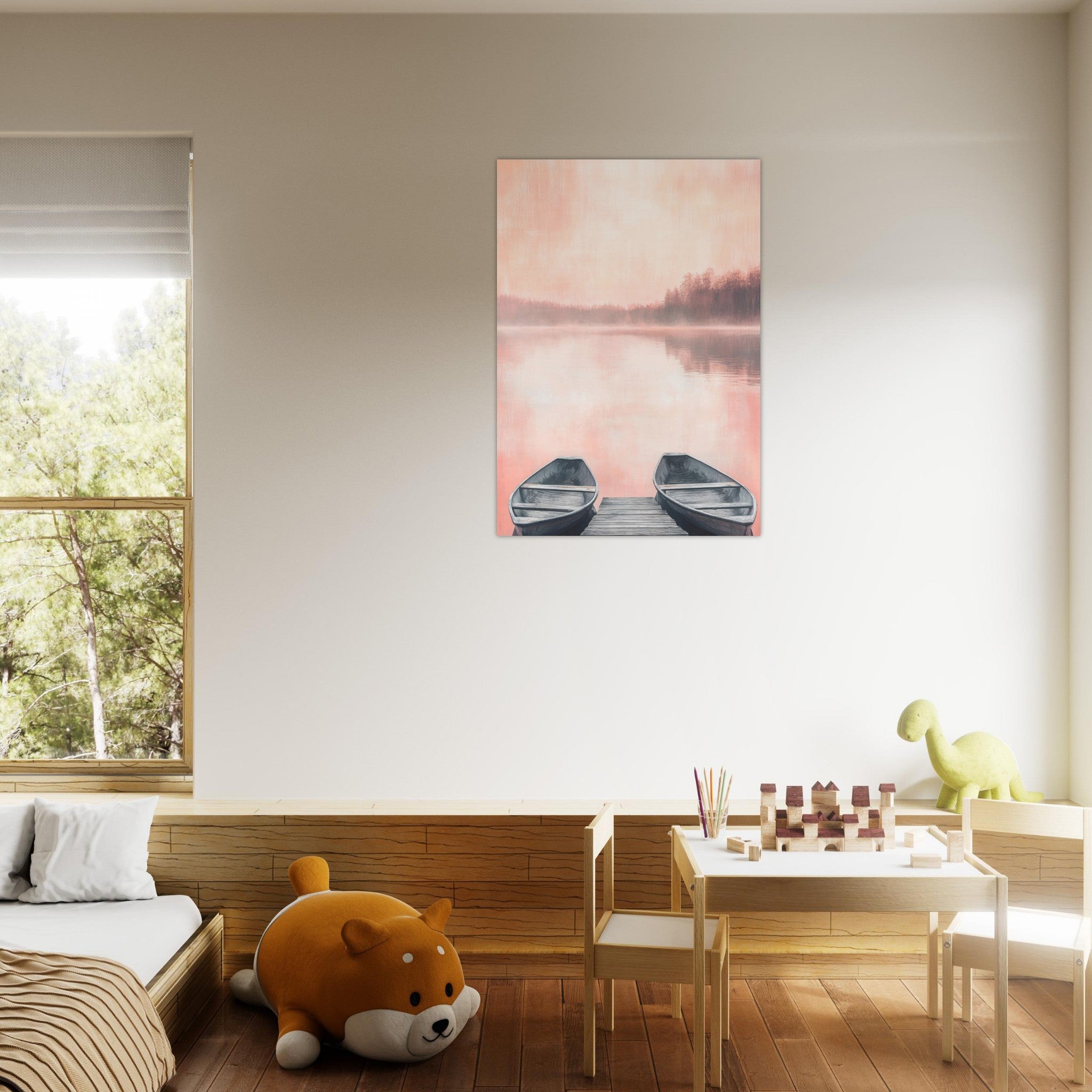 Aluminum Print Portrait - Serene Lake with Rowboats A tranquil lake - Shop Ai Art WebShop - Digital Art online Store