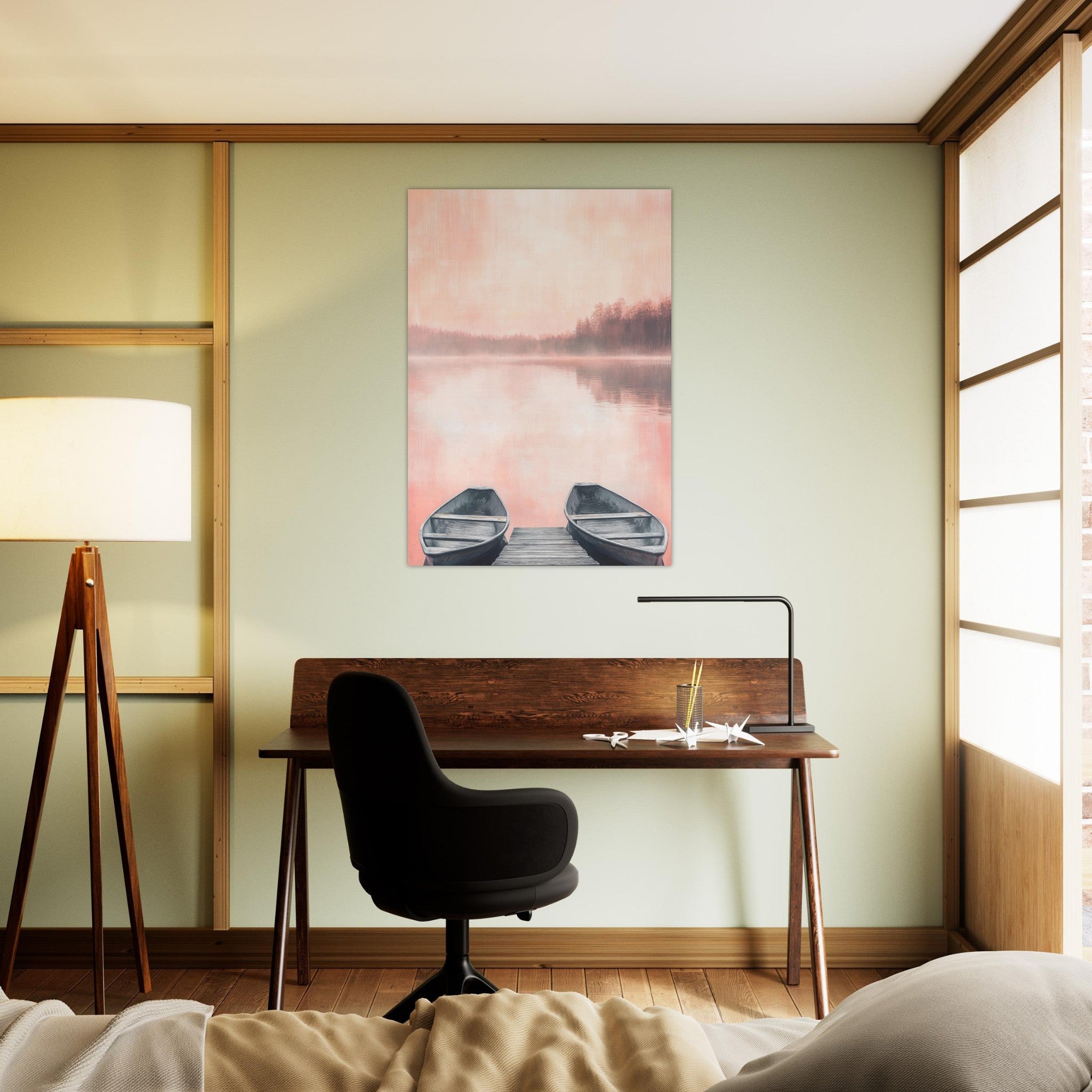 Aluminum Print Portrait - Serene Lake with Rowboats A tranquil lake - Shop Ai Art WebShop - Digital Art online Store