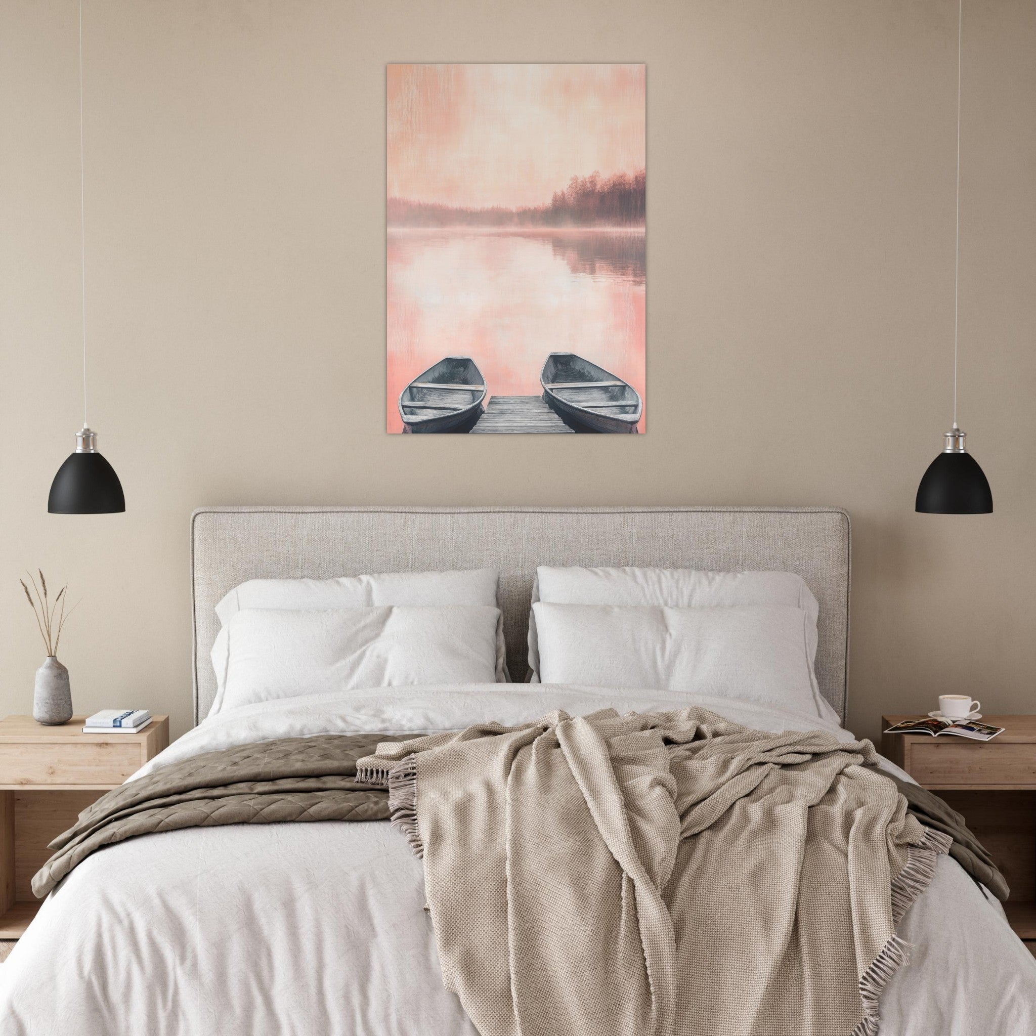 Aluminum Print Portrait - Serene Lake with Rowboats A tranquil lake - Shop Ai Art WebShop - Digital Art online Store