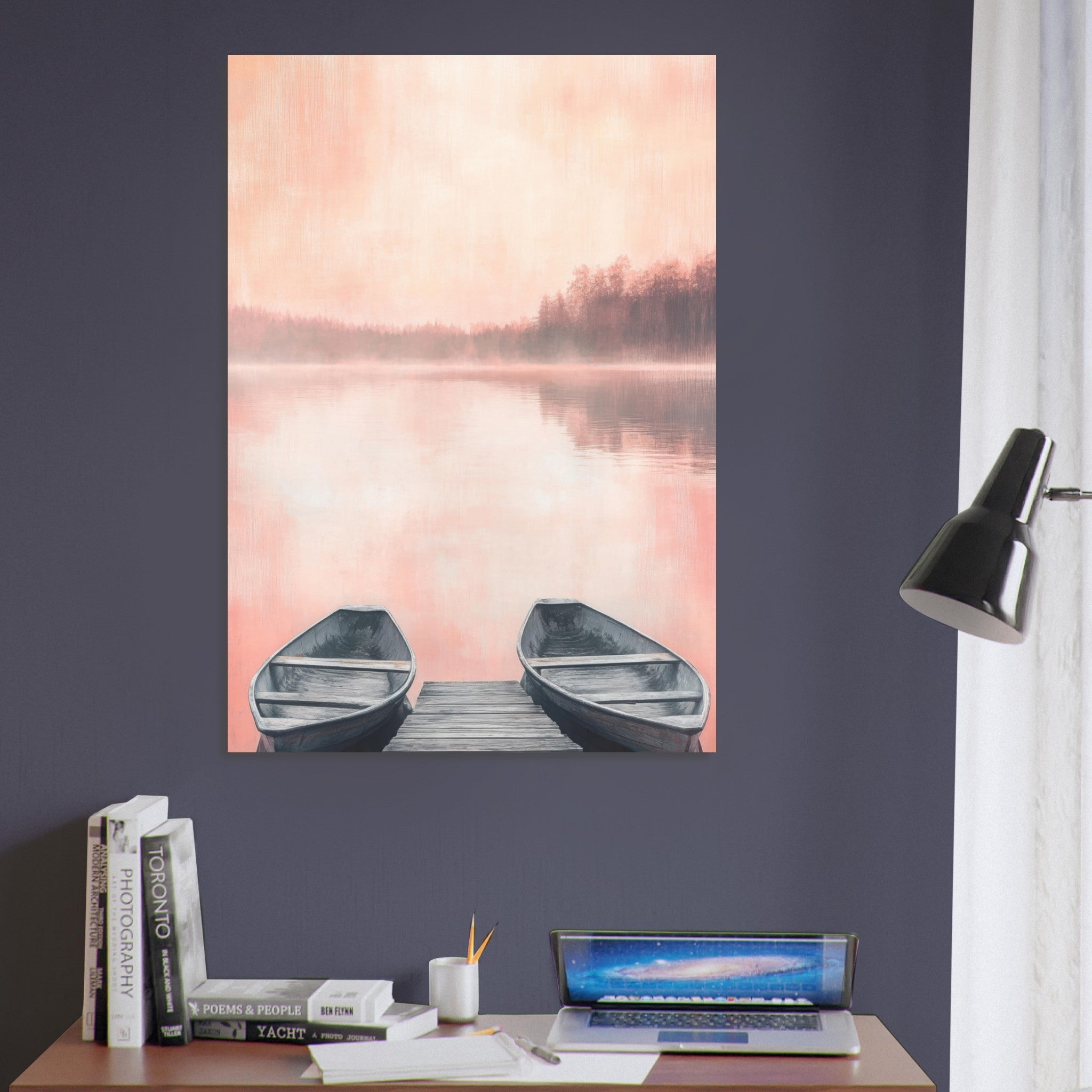 Aluminum Print Portrait - Serene Lake with Rowboats A tranquil lake - Shop Ai Art WebShop - Digital Art online Store