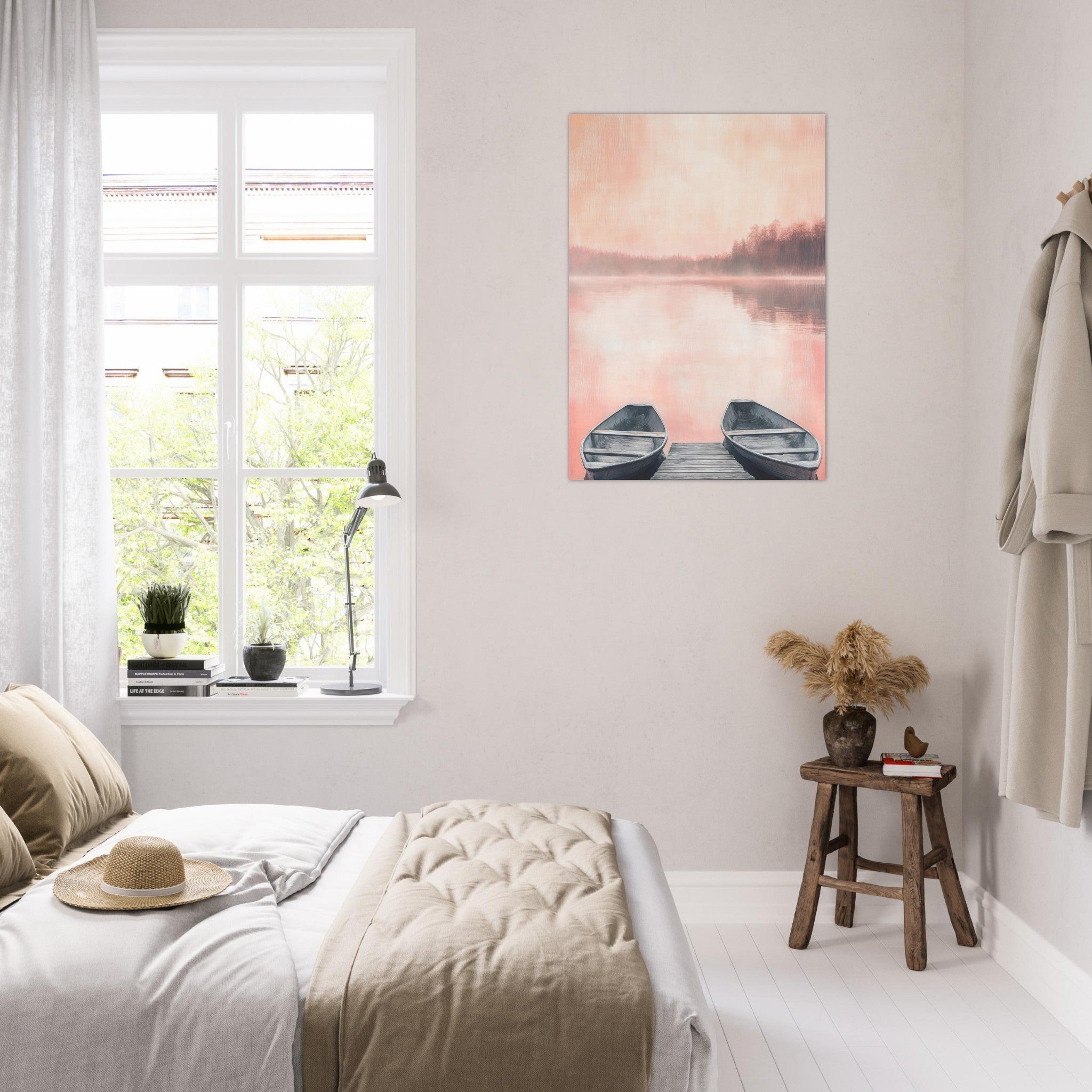 Aluminum Print Portrait - Serene Lake with Rowboats A tranquil lake - Shop Ai Art WebShop - Digital Art online Store