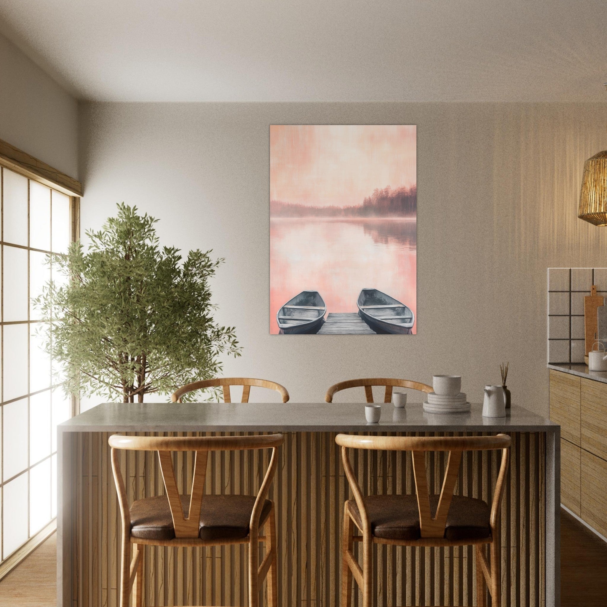 Aluminum Print Portrait - Serene Lake with Rowboats A tranquil lake - Shop Ai Art WebShop - Digital Art online Store