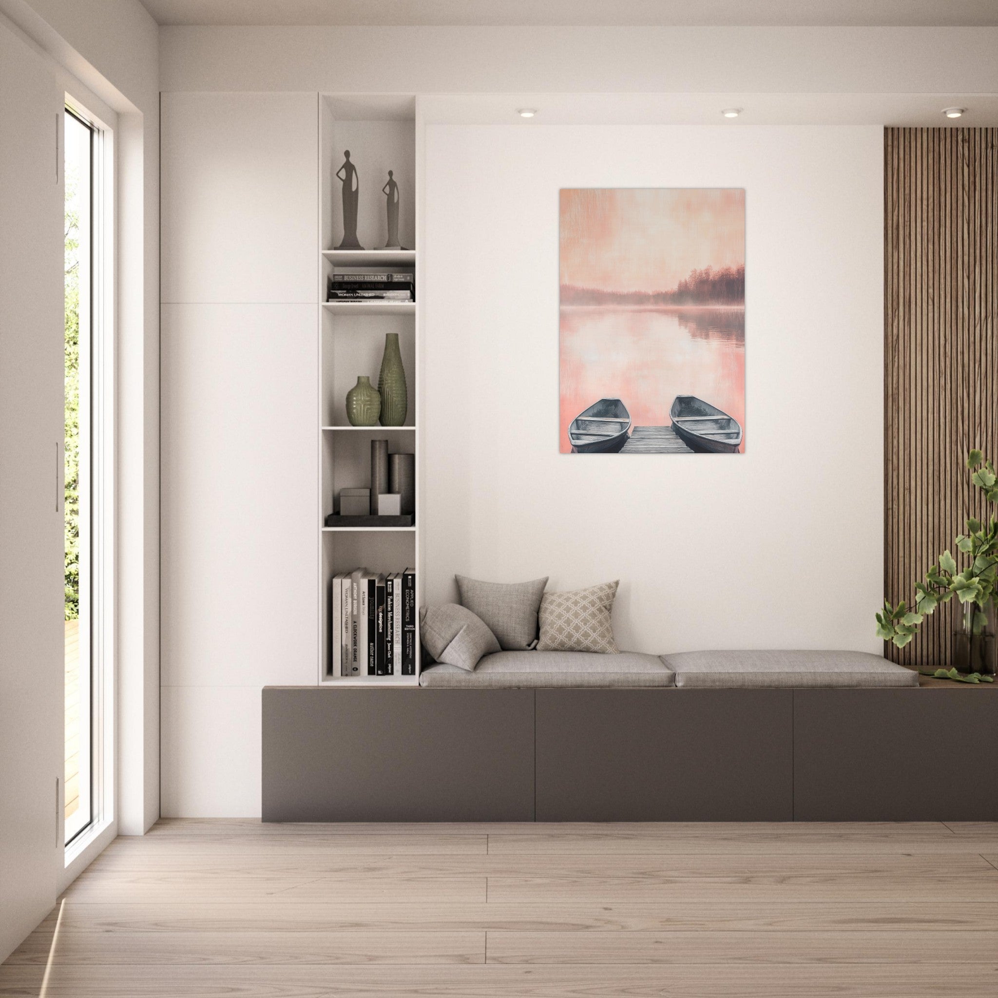 Aluminum Print Portrait - Serene Lake with Rowboats A tranquil lake - Shop Ai Art WebShop - Digital Art online Store