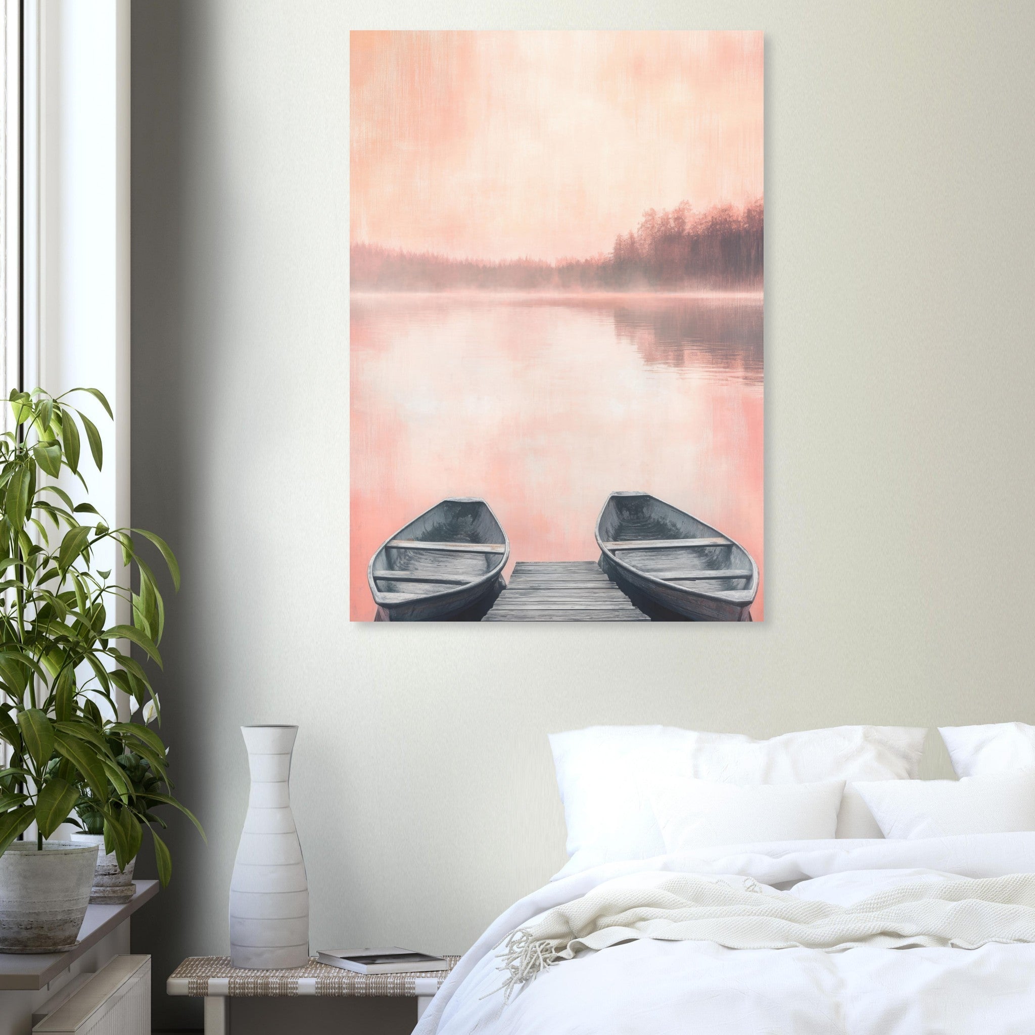 Aluminum Print Portrait - Serene Lake with Rowboats A tranquil lake - Shop Ai Art WebShop - Digital Art online Store