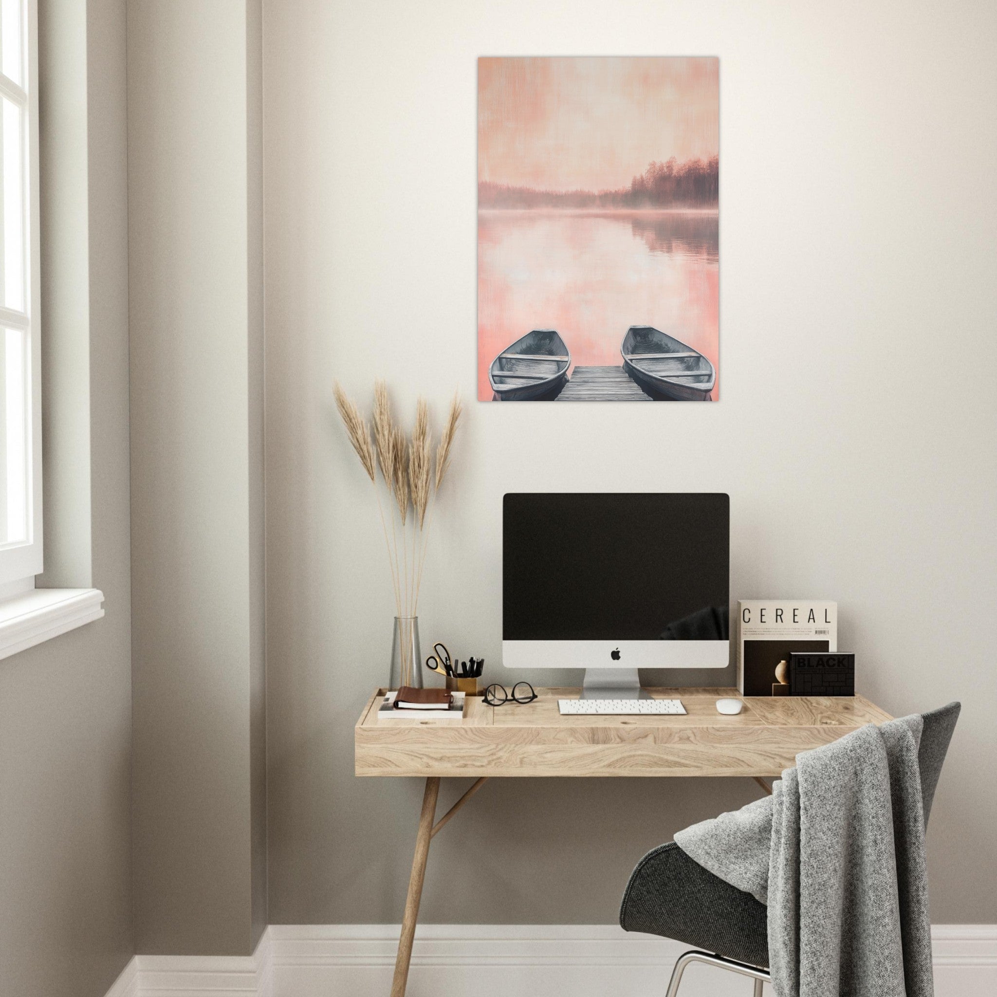 Aluminum Print Portrait - Serene Lake with Rowboats A tranquil lake - Shop Ai Art WebShop - Digital Art online Store